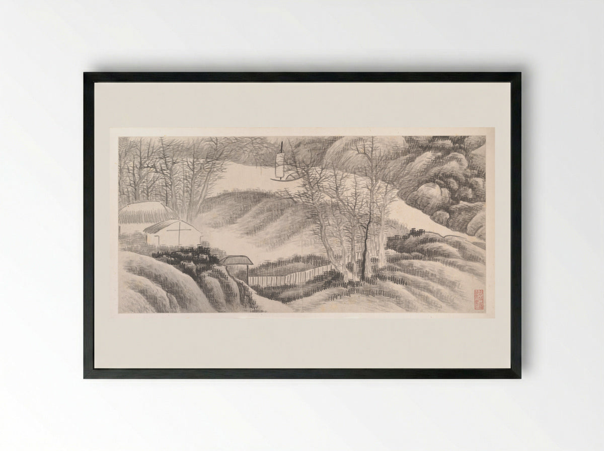Landscapes of the Twelve Months - Gong Xian - Framed Print Black