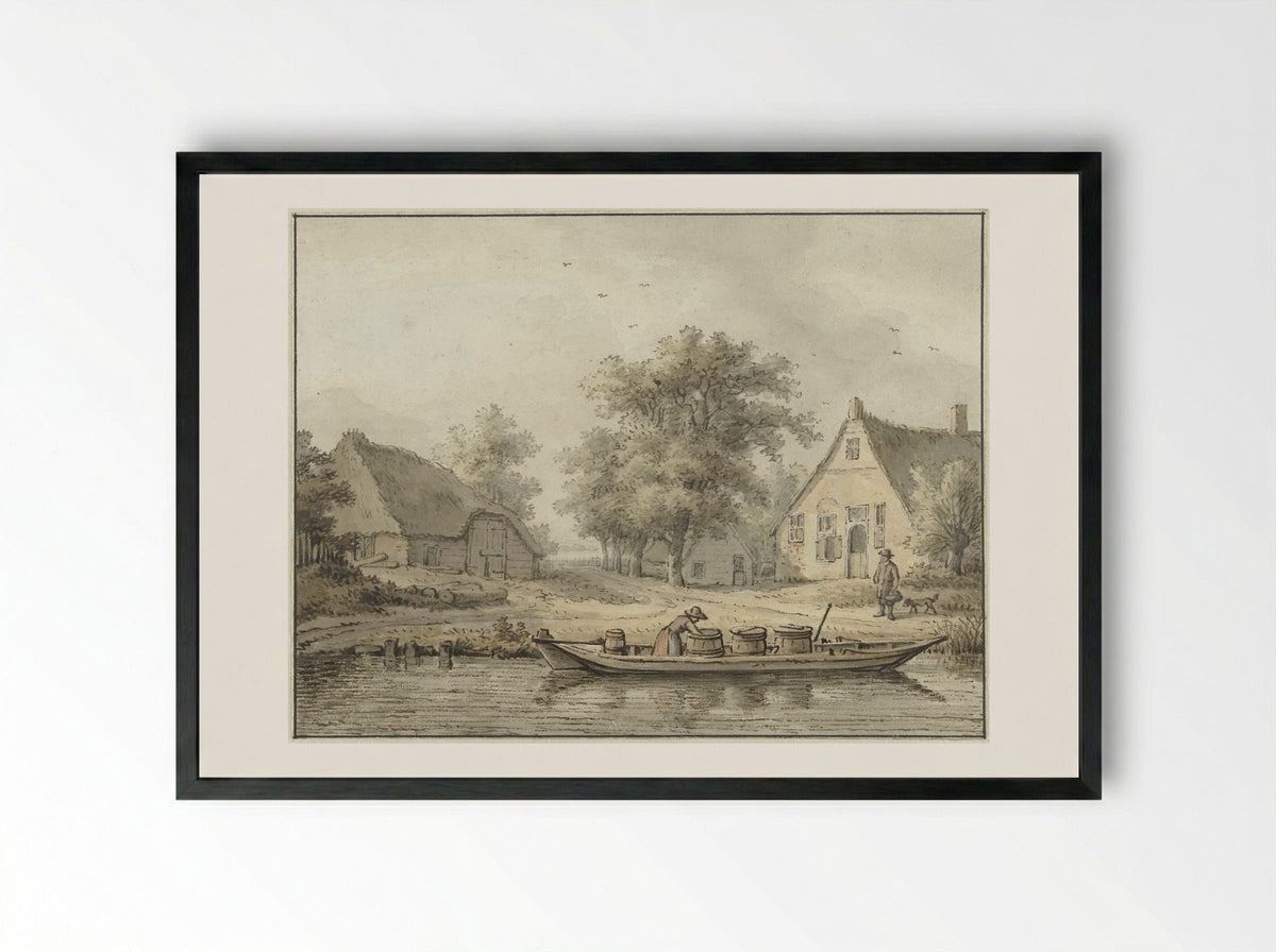 Landschap met afgemeerde schuit met vaten - Cornelis Buys - Framed Print Black