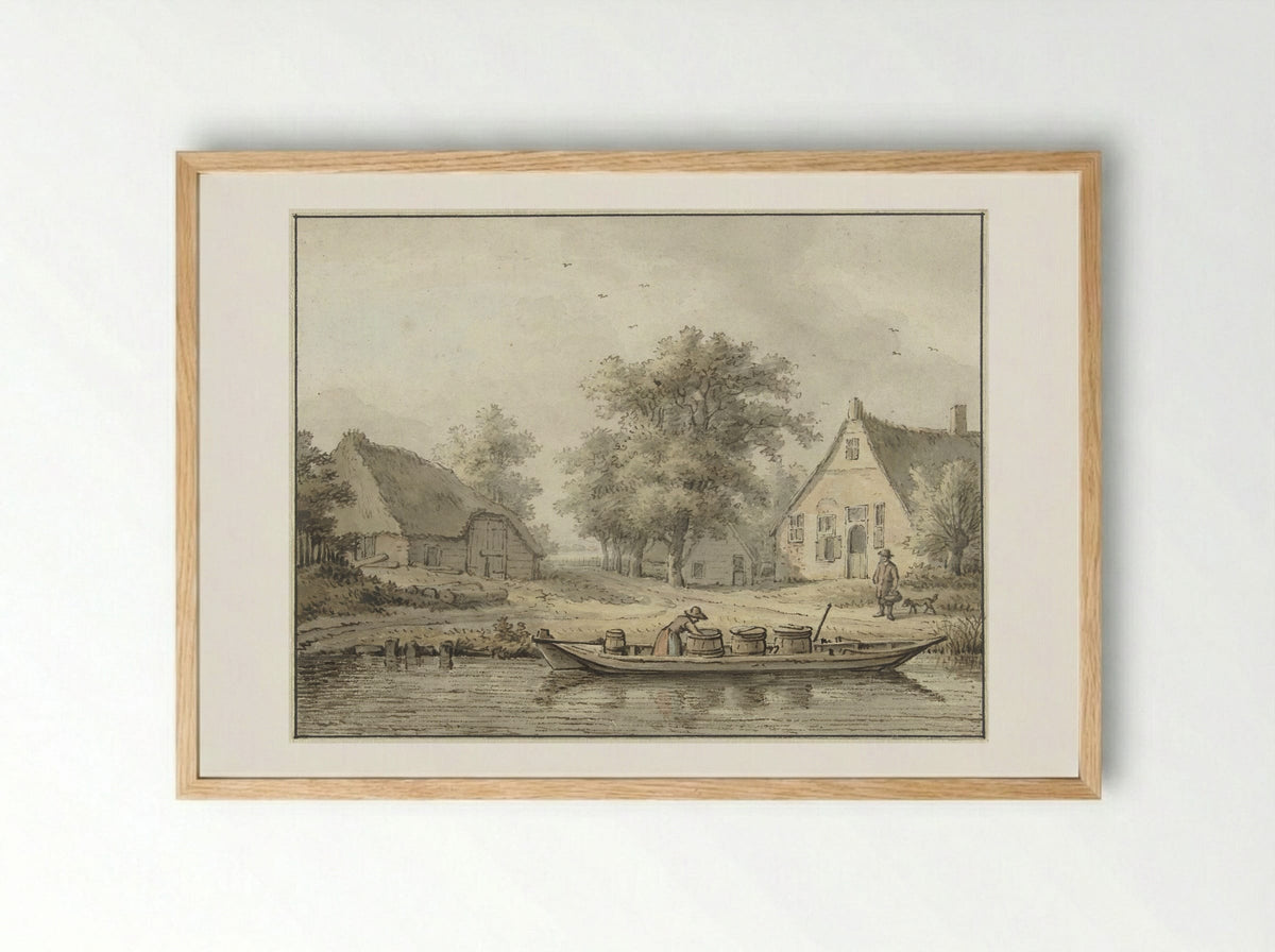 Landschap met afgemeerde schuit met vaten - Cornelis Buys - Framed Print Wood