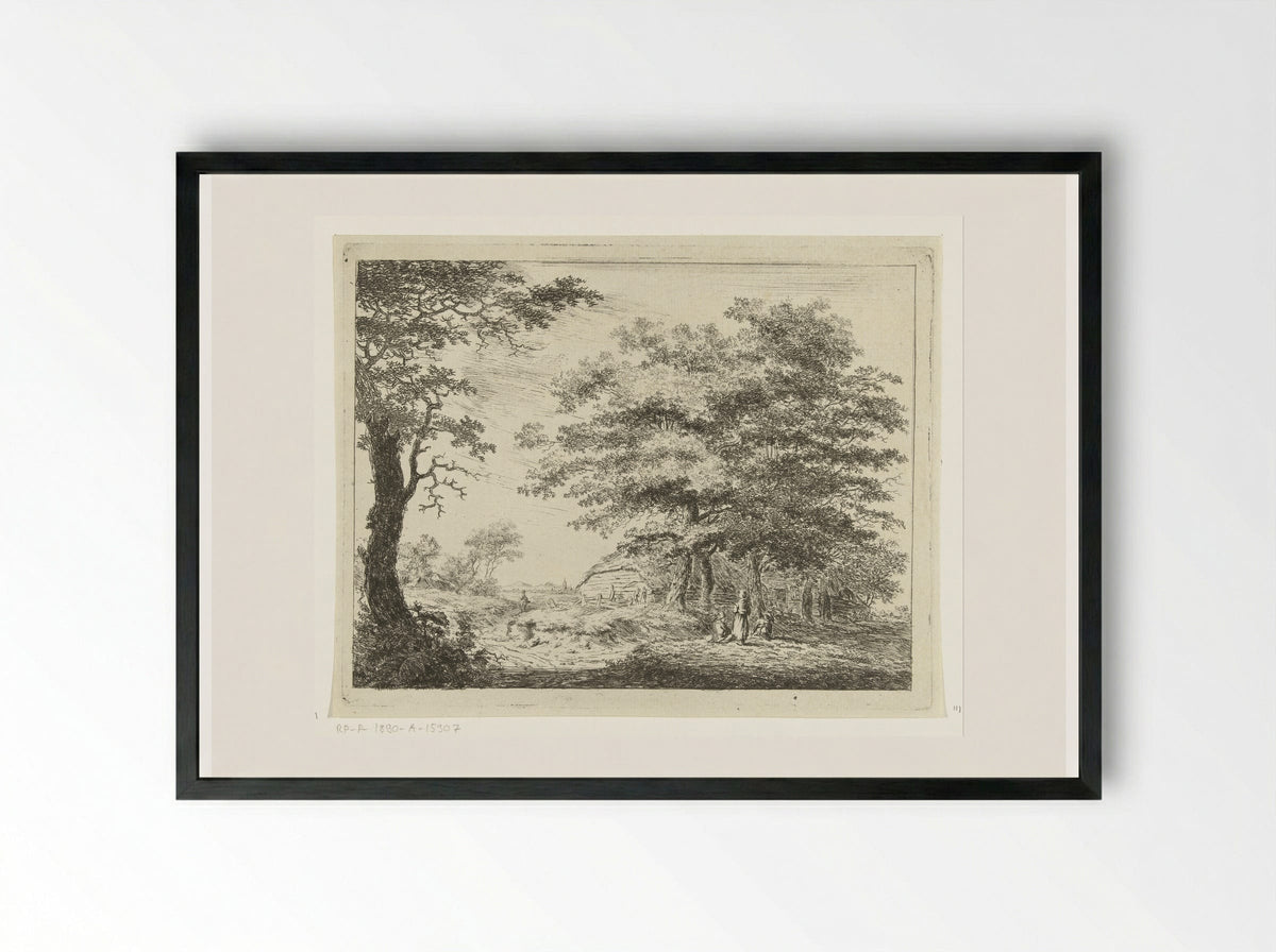 Landschap met boerderij en figuren onder bomen - Hermanus van Brussel - Framed Print Black