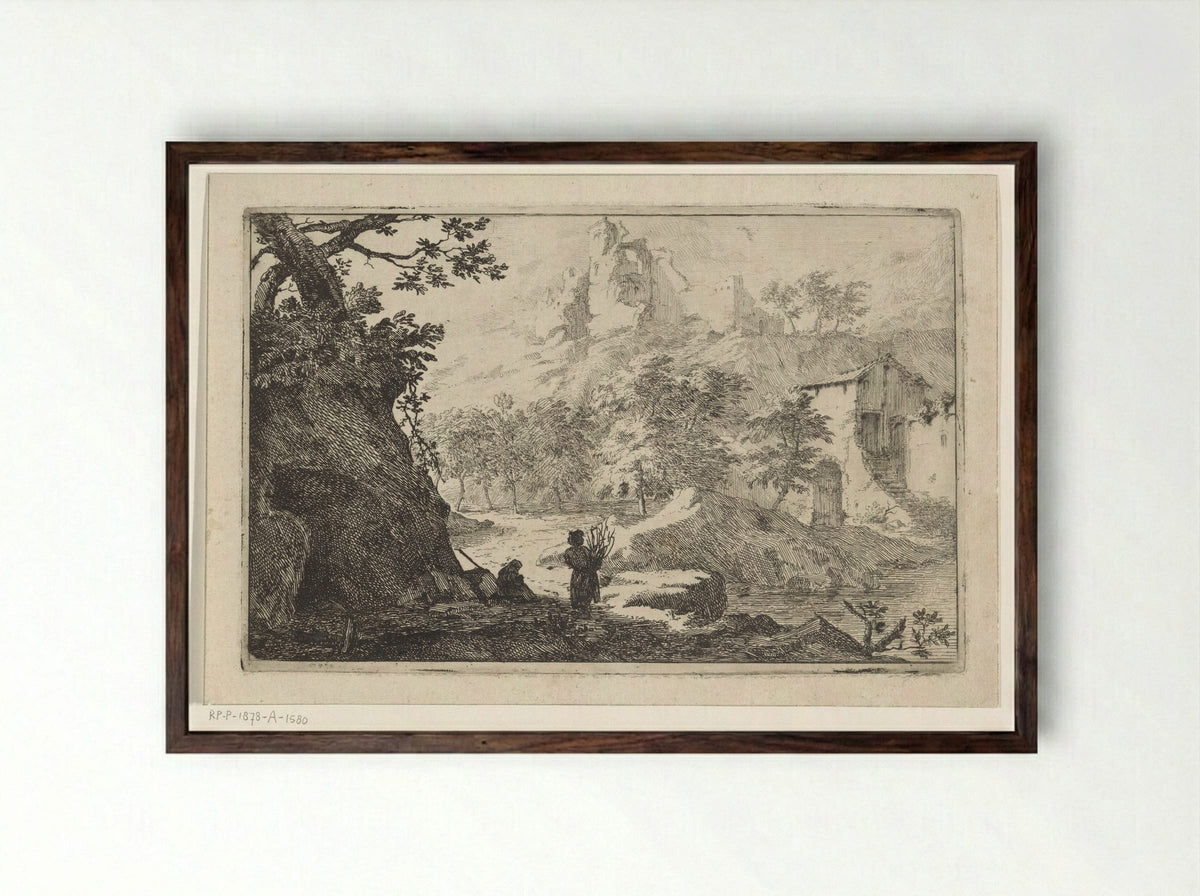 Landschap met boerderij en ruïne - Jan Smees - Framed Print Dark Wood