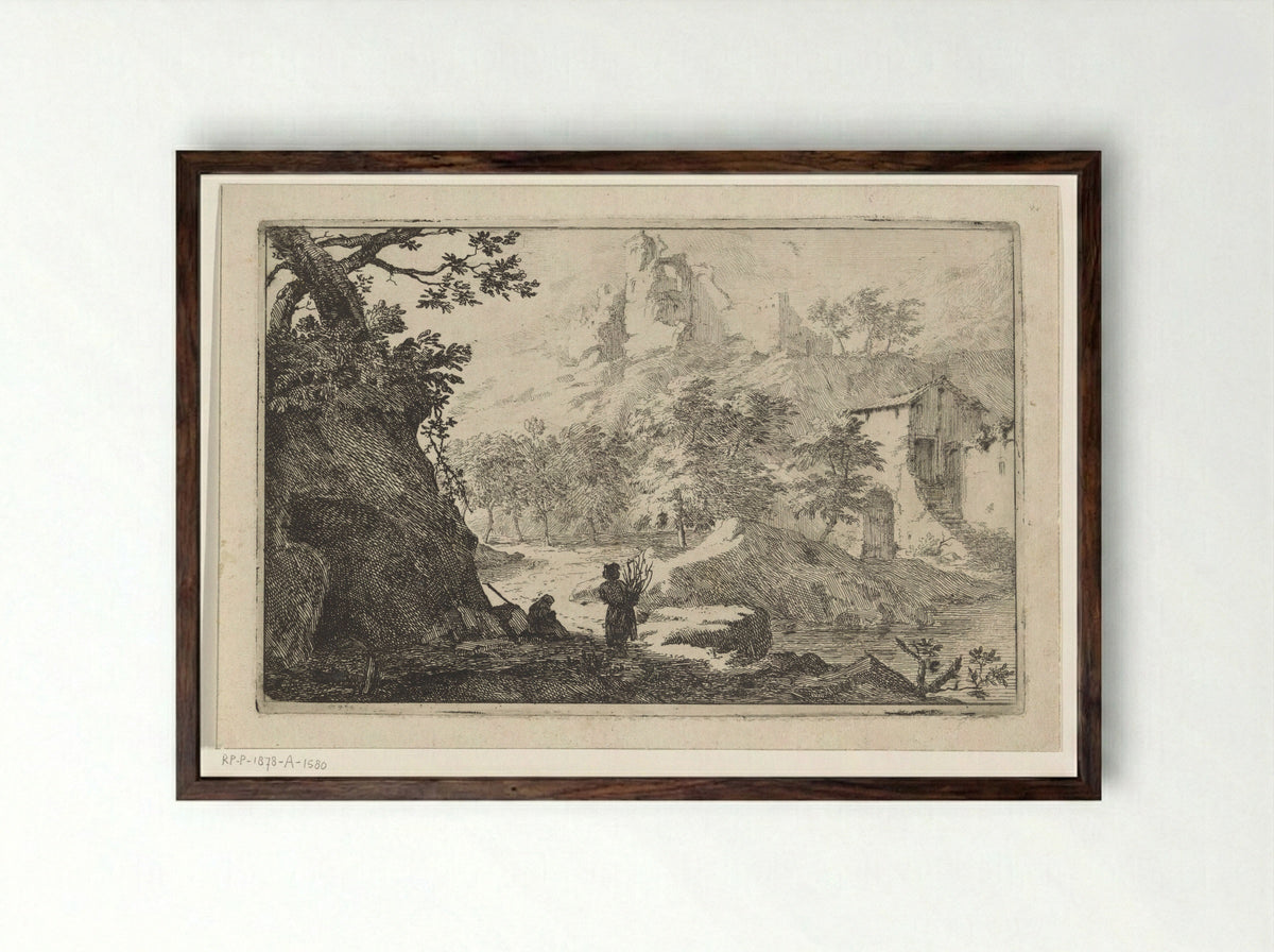 Landschap met boerderij en ruïne - Jan Smees - Framed Print Dark Wood