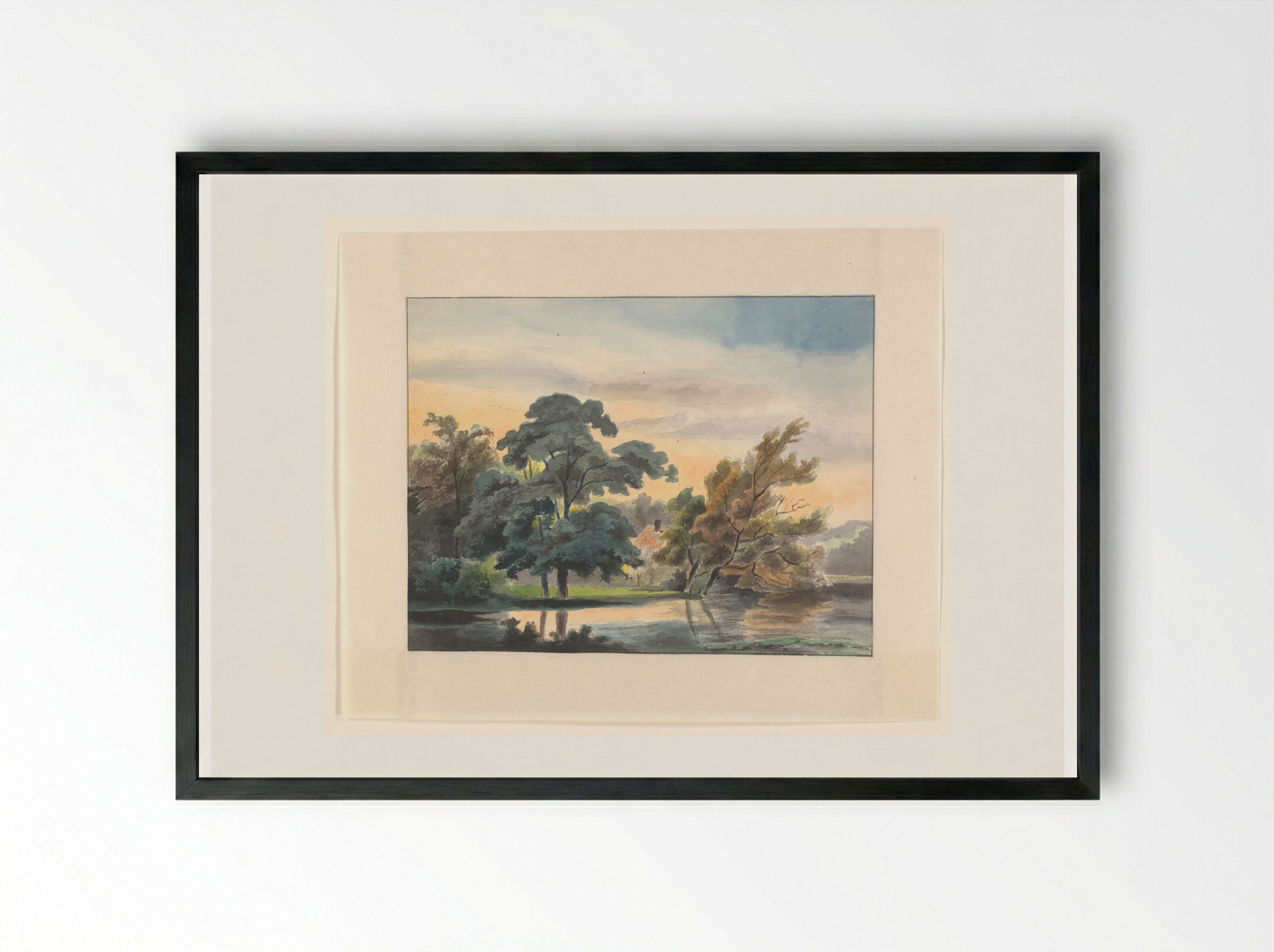 Landschap met bomen aan een waterkant - Johannes van Reijn - Framed Print Black