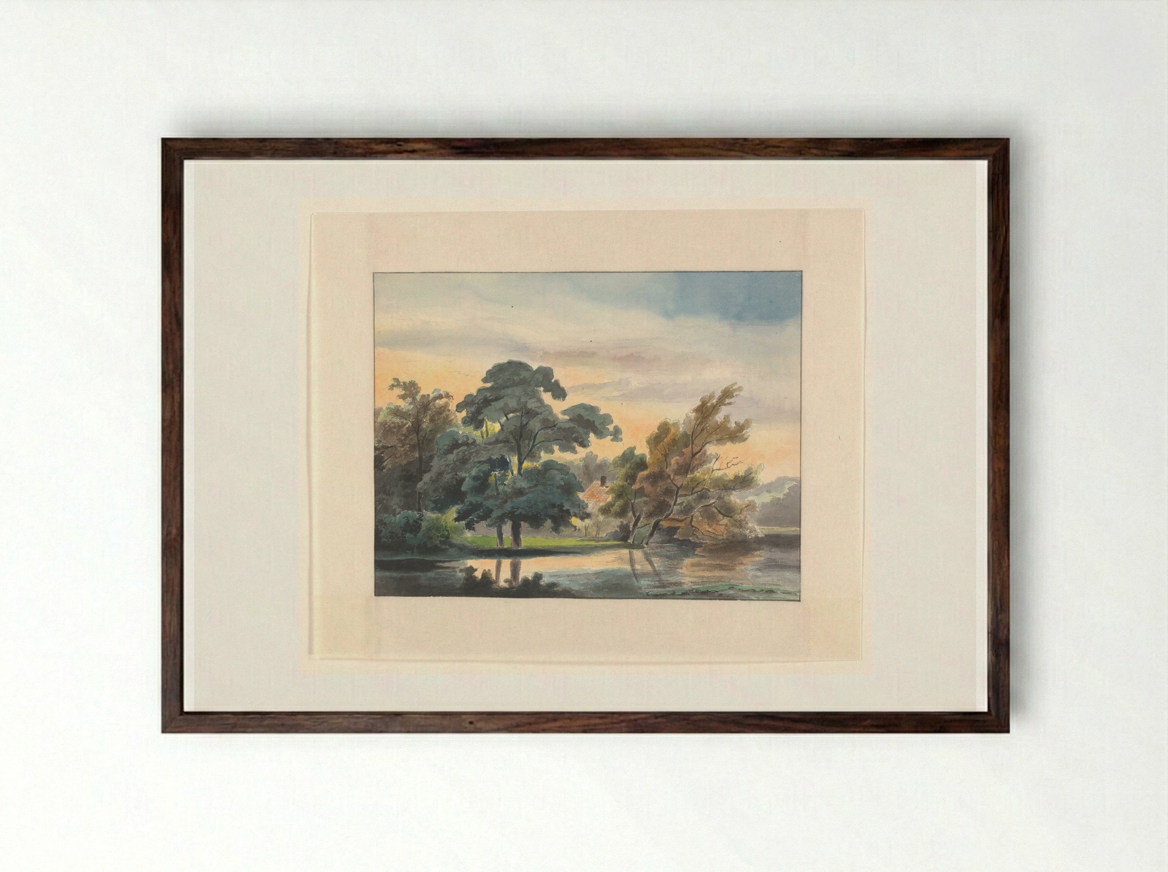 Landschap met bomen aan een waterkant - Johannes van Reijn - Framed Print Dark Wood