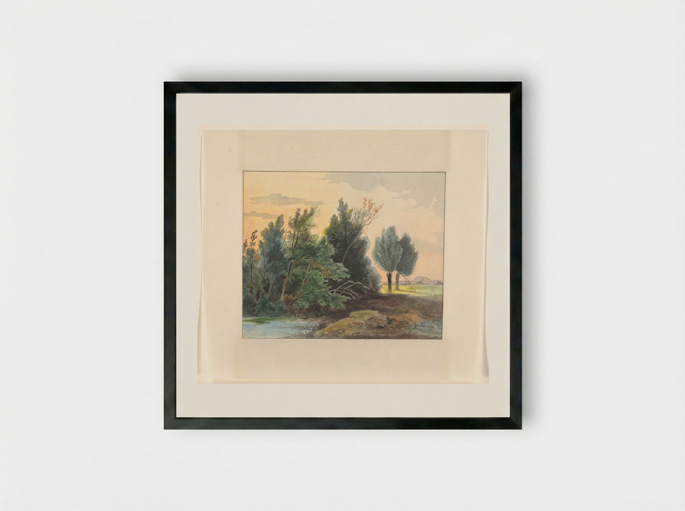 Landschap met bomen bij een sloot - Johannes van Reijn - Framed Print Black