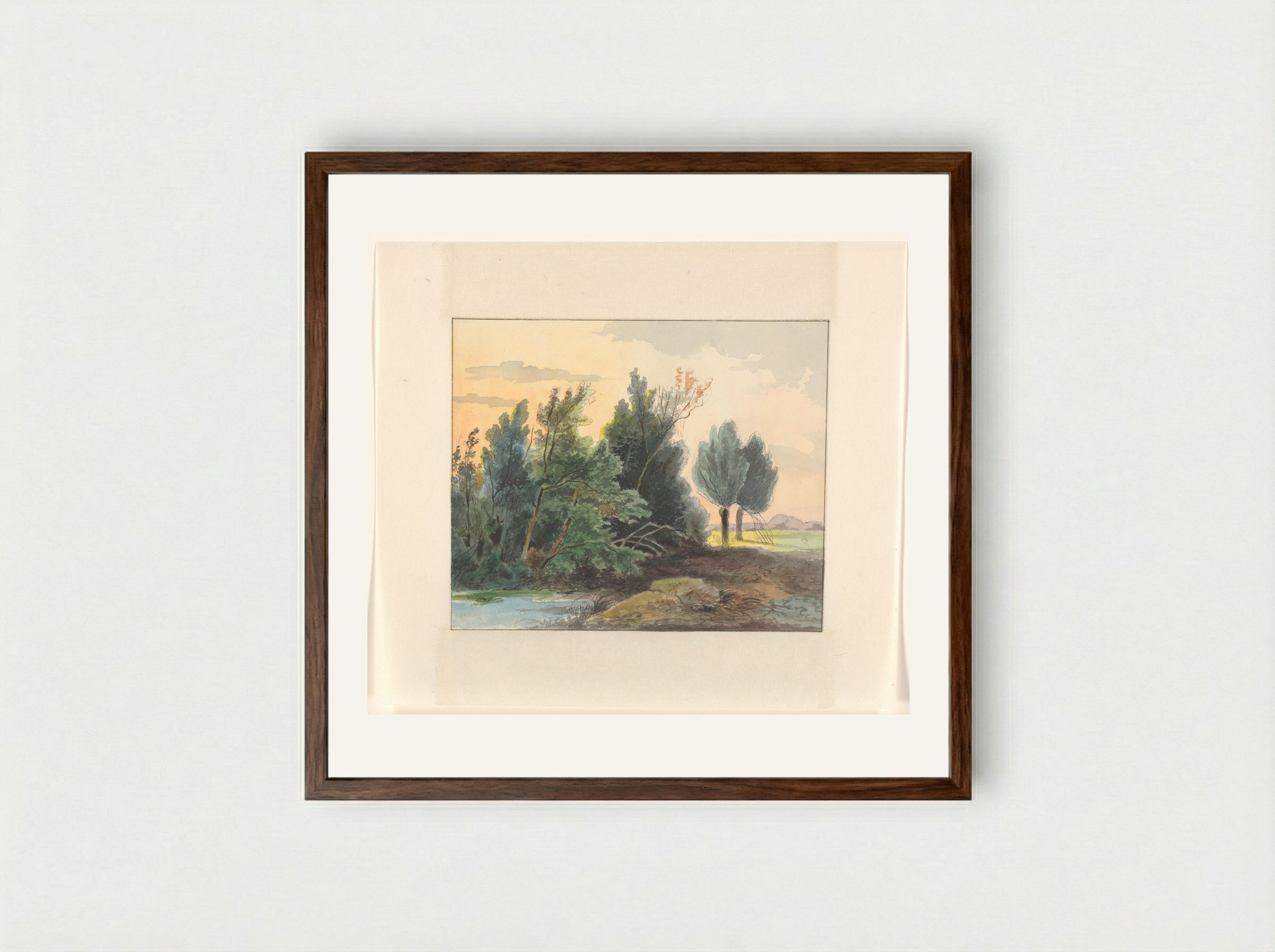 Landschap met bomen bij een sloot - Johannes van Reijn - Framed Print Dark Wood