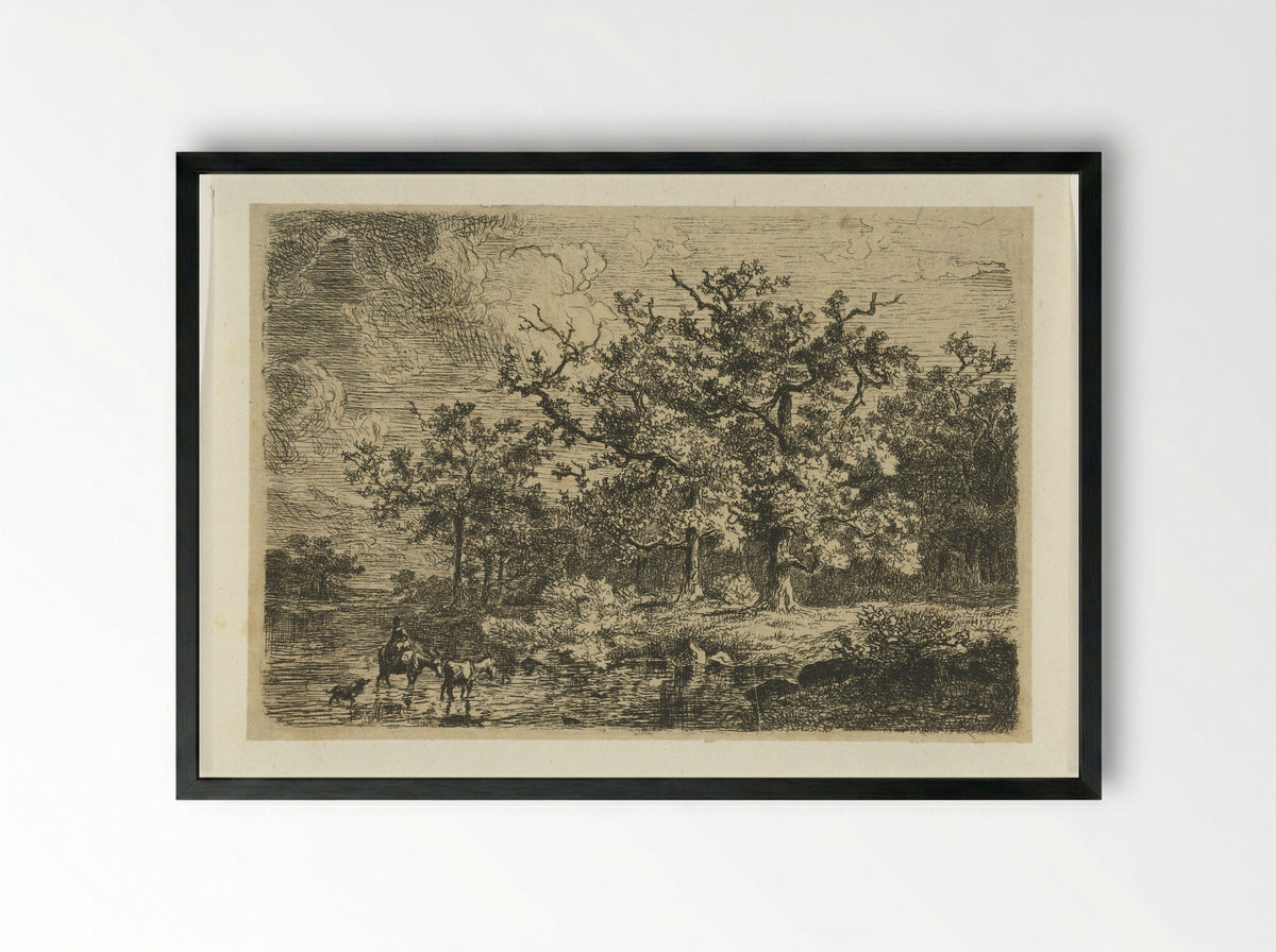 Landschap met bomen en vrouw op ezel in ondiep water - Willem Jan van den Berghe - Framed Print Black
