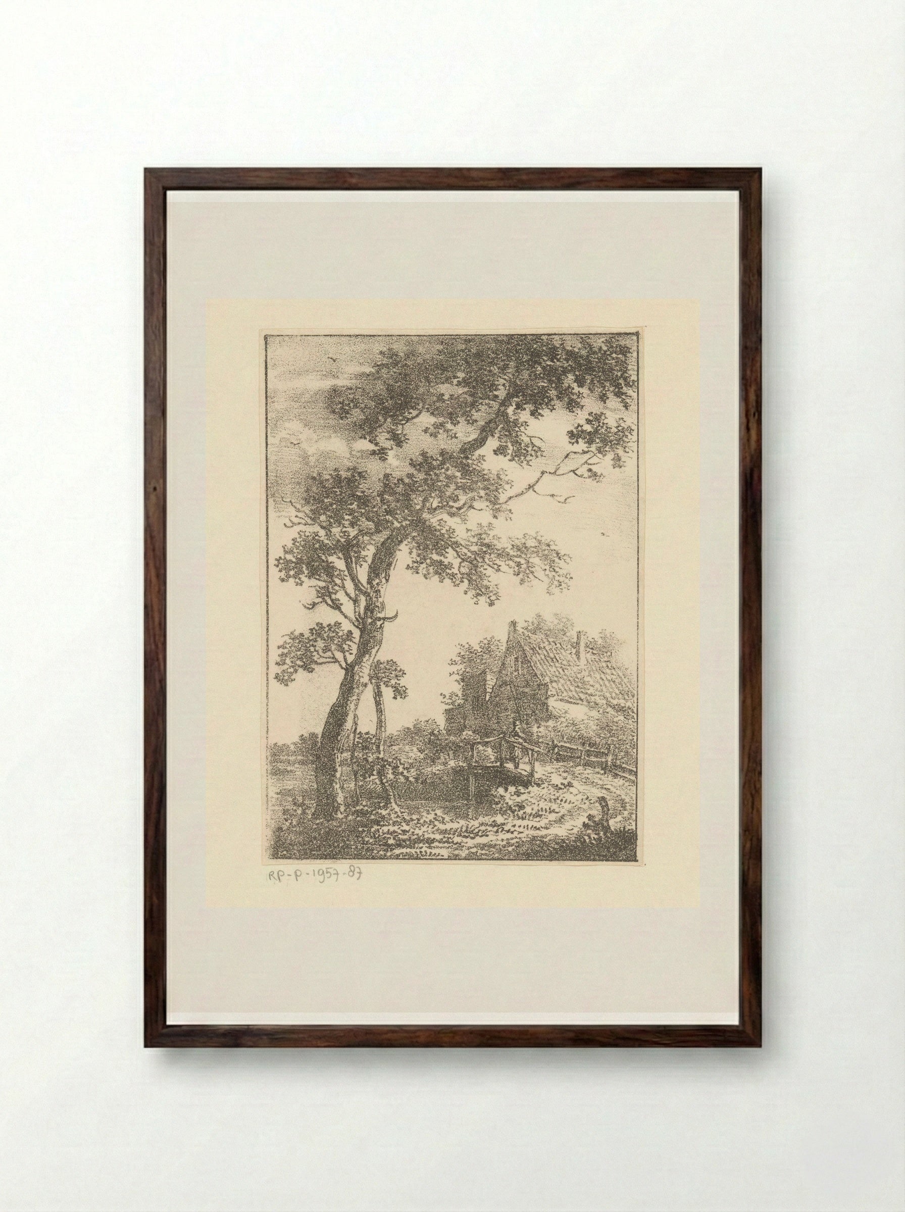 Landschap met boom, brug en huis - Pieter Bartholomeusz. Barbiers - Framed Print Dark Wood