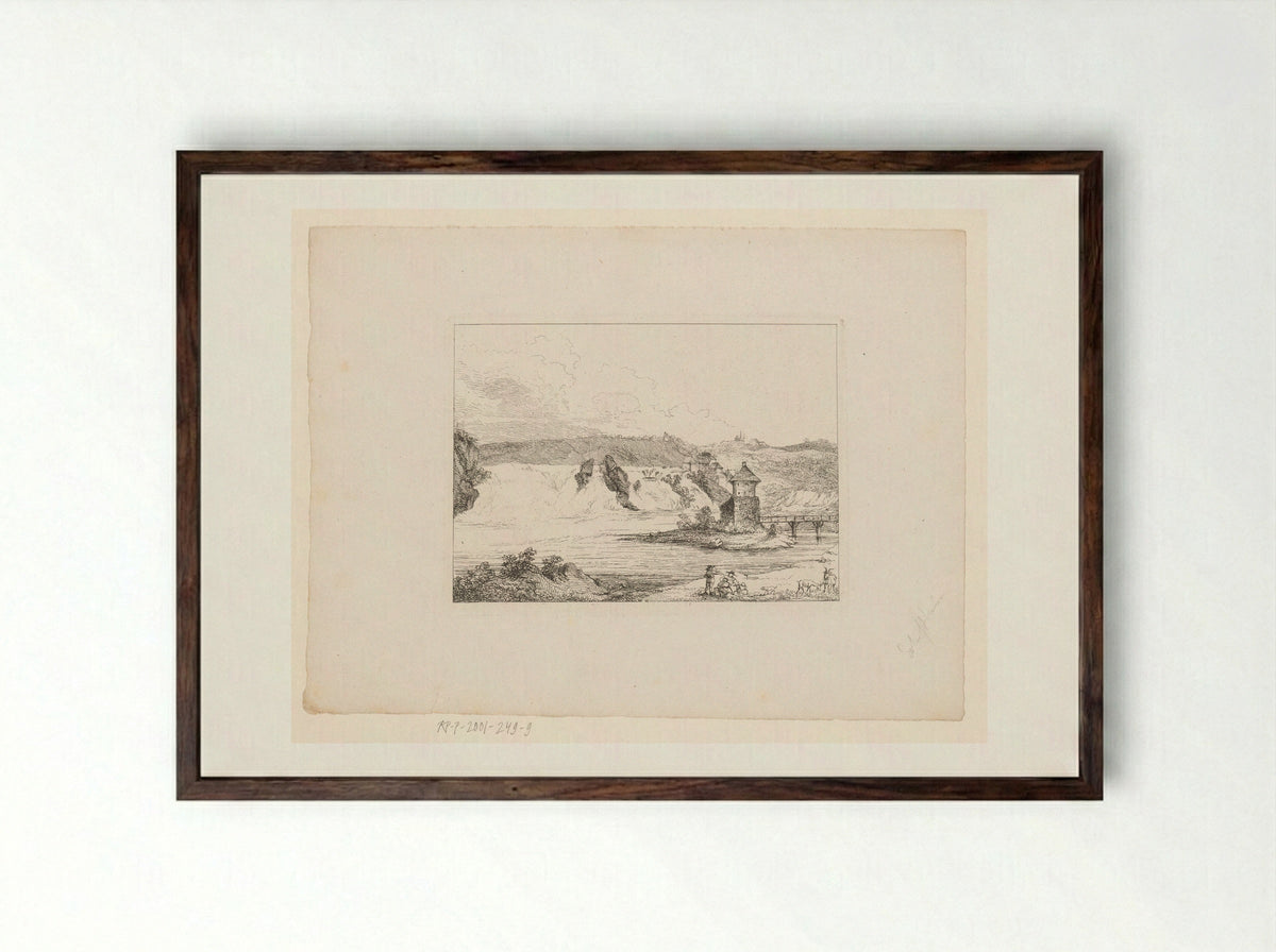 Landschap met brede waterval bij een toren - Marie Anna Fischer - Framed Print Dark Wood