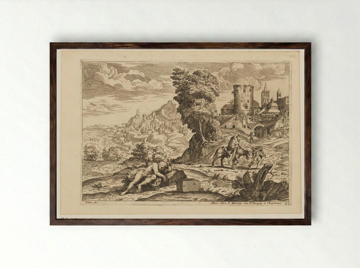 Landschap met de vlucht naar Egypte - Moise Jean Baptiste Fouard - Framed Print Dark Wood
