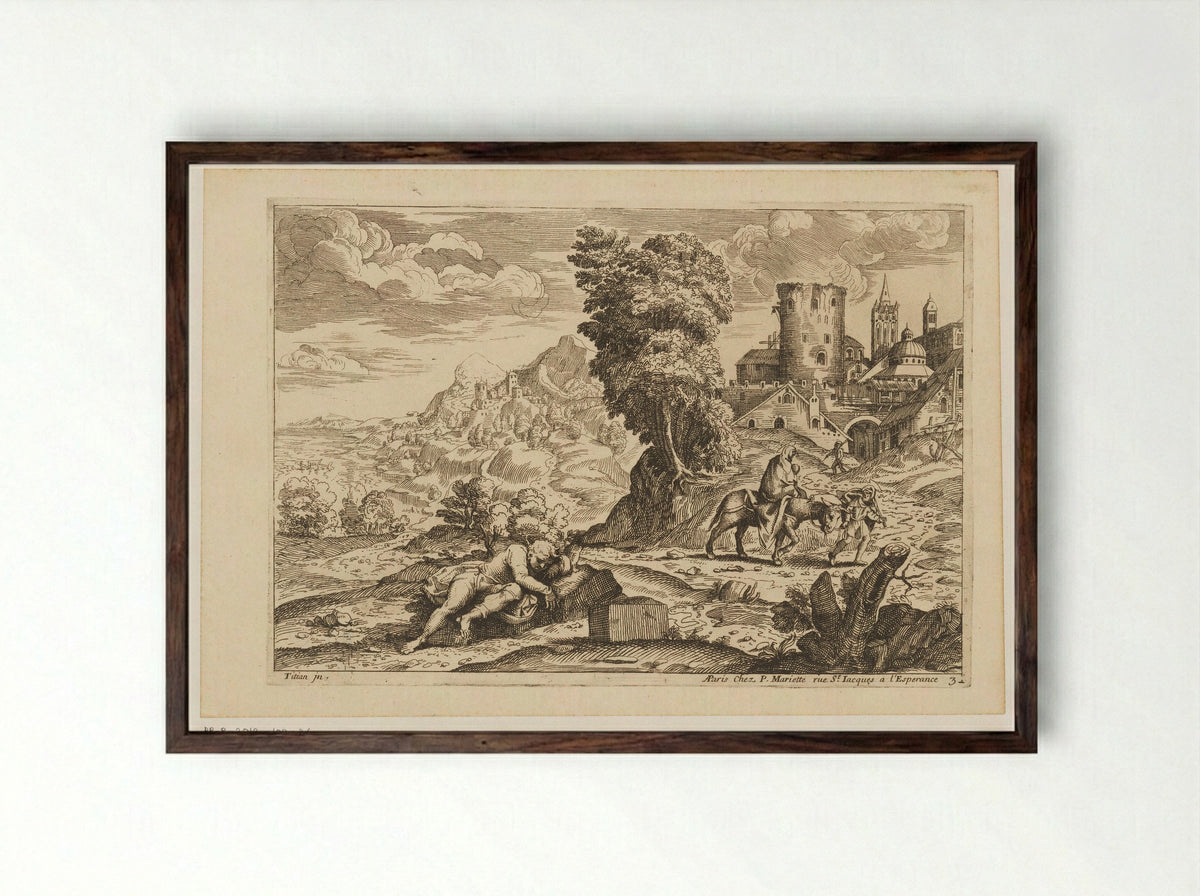 Landschap met de vlucht naar Egypte - Moise Jean Baptiste Fouard - Framed Print Dark Wood
