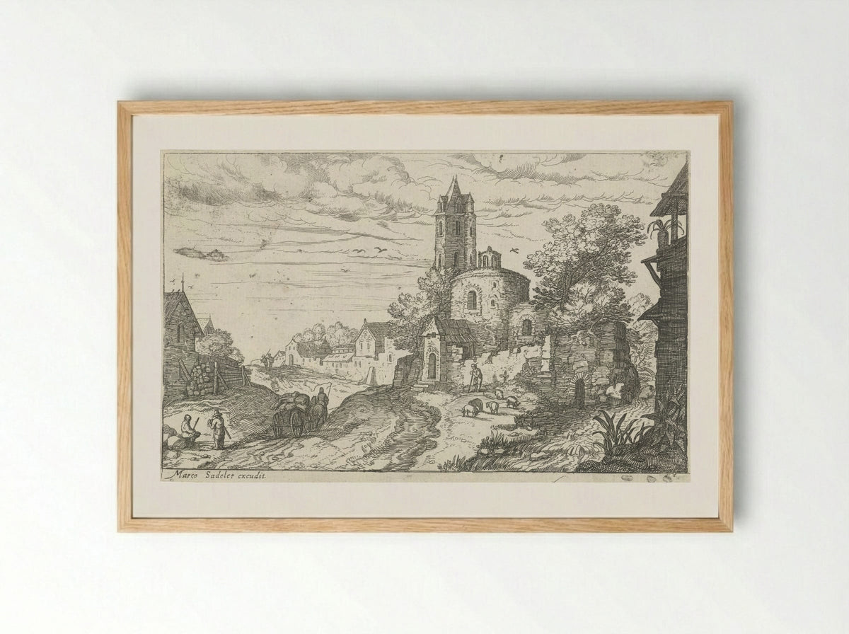 Landschap met dorpsstraat - Aegidius Sadeler (II) - Framed Print Wood