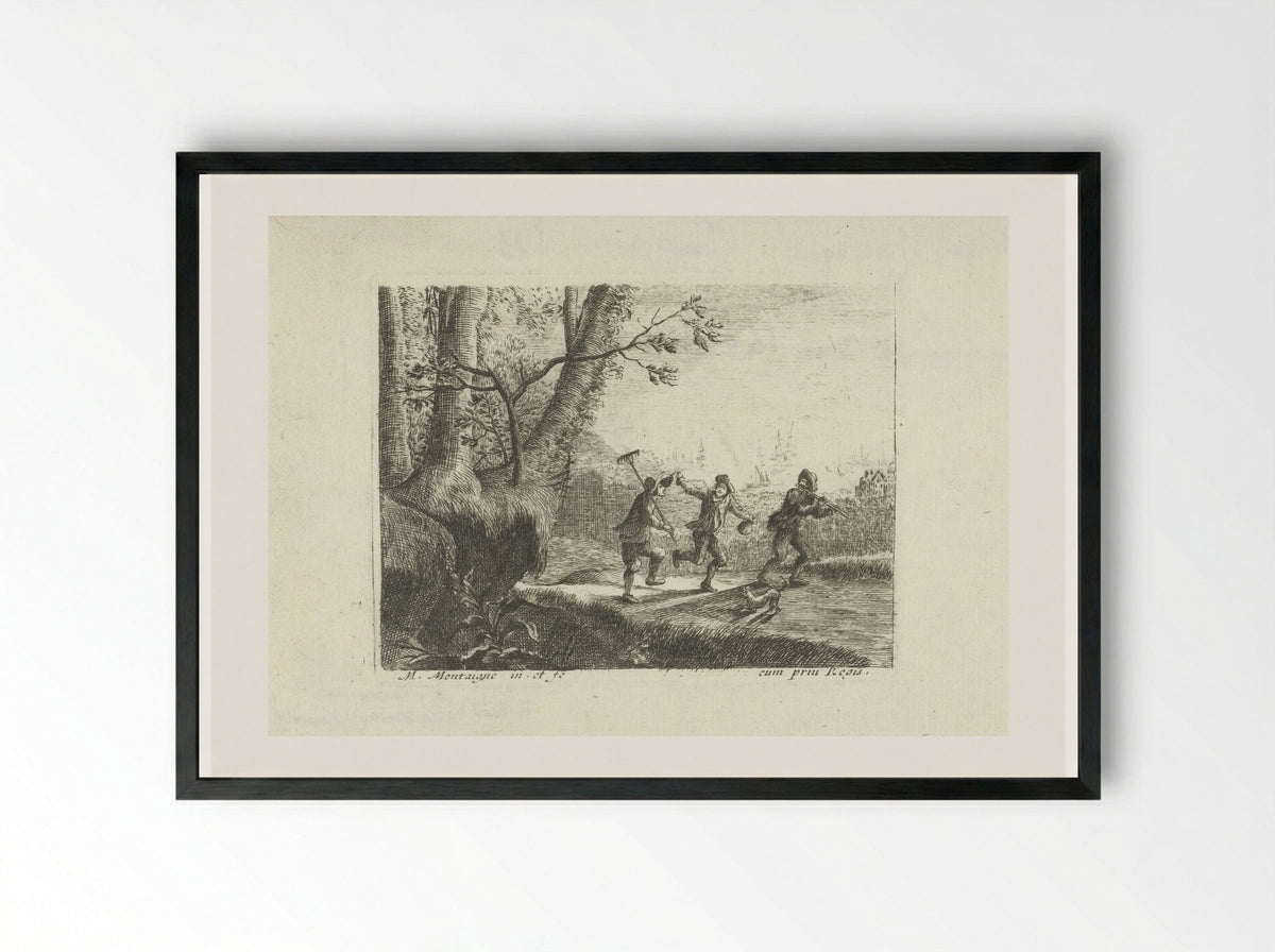 Landschap met drie dansende boeren - Jean Morin - Framed Print Black