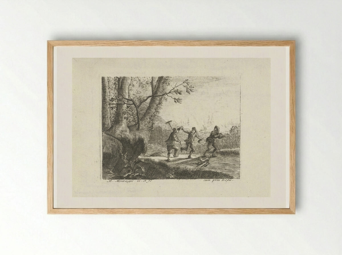 Landschap met drie dansende boeren - Jean Morin - Framed Print Wood