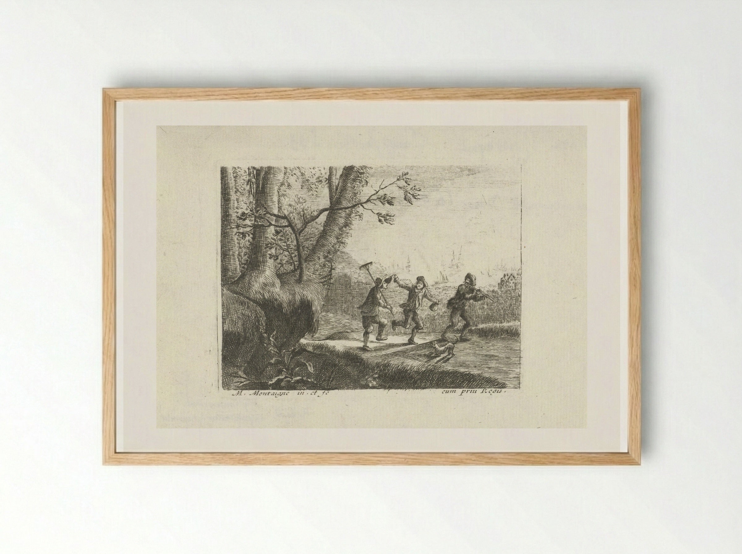 Landschap met drie dansende boeren - Jean Morin - Framed Print Wood