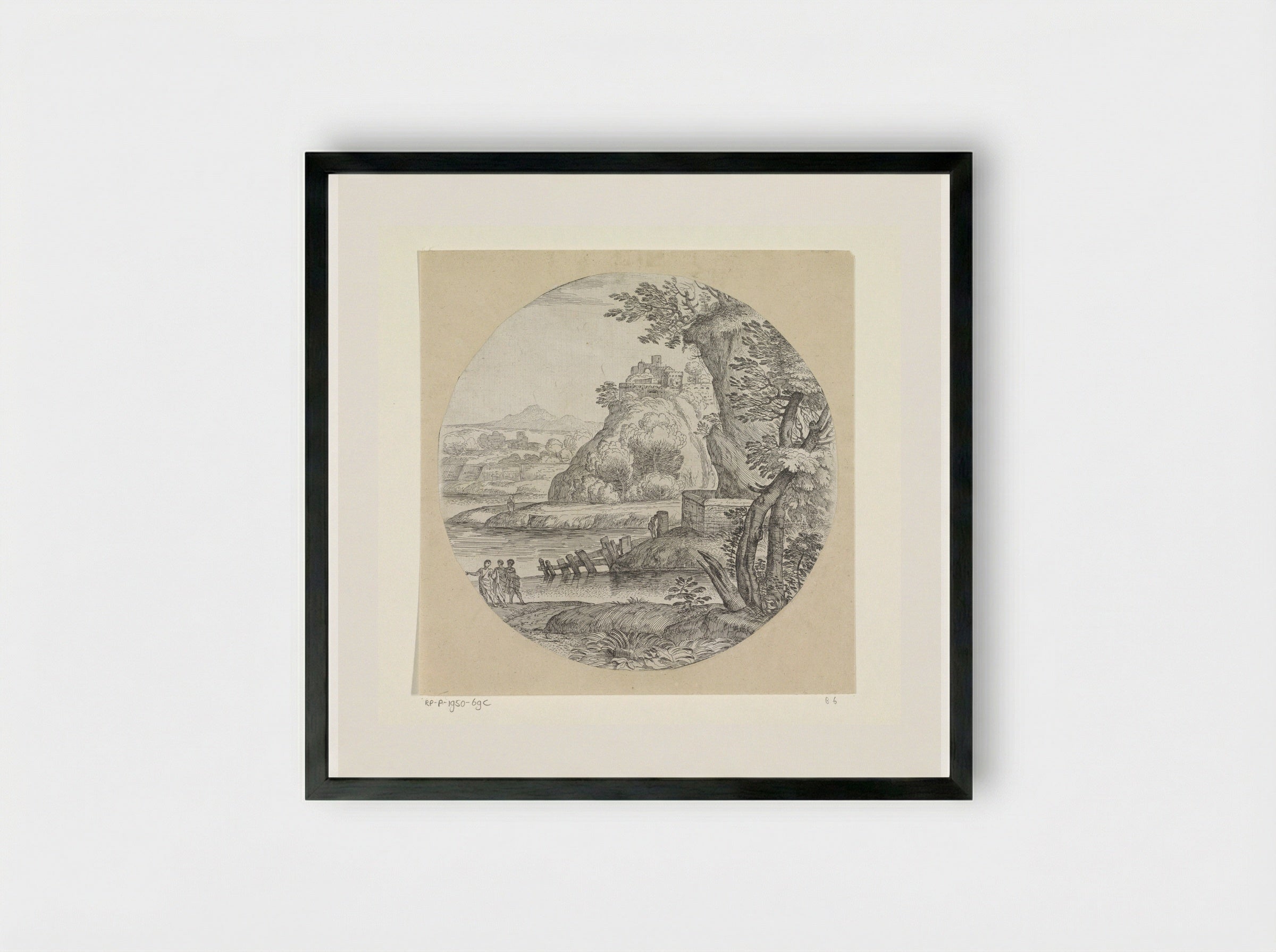 Landschap met drie mannen in gesprek - Giovanni Francesco Grimaldi - Framed Print Black