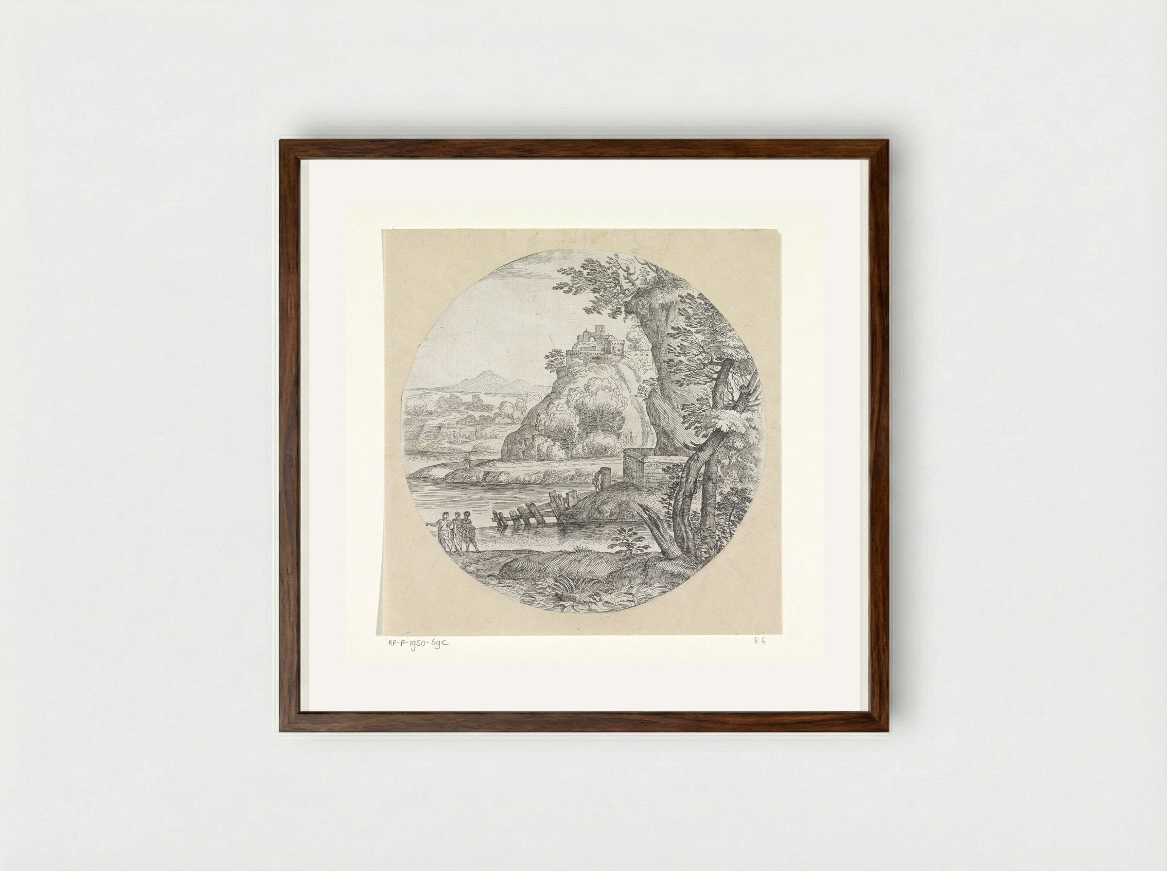 Landschap met drie mannen in gesprek - Giovanni Francesco Grimaldi - Framed Print Dark Wood