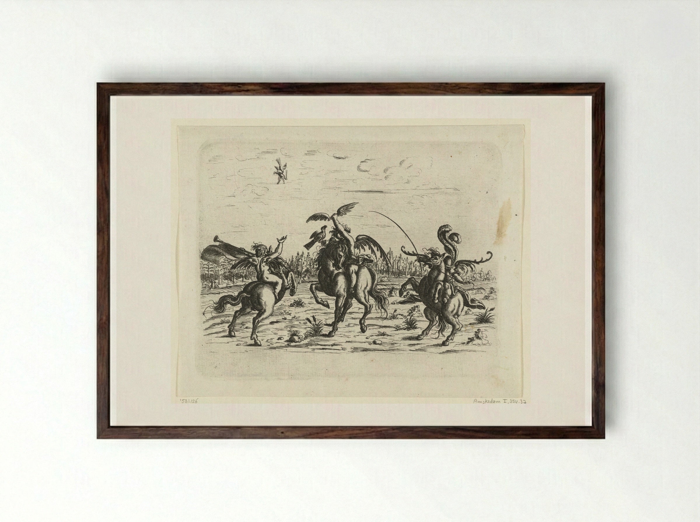 Landschap met drie putti te paard - Christoph Jamnitzer - Framed Print Dark Wood