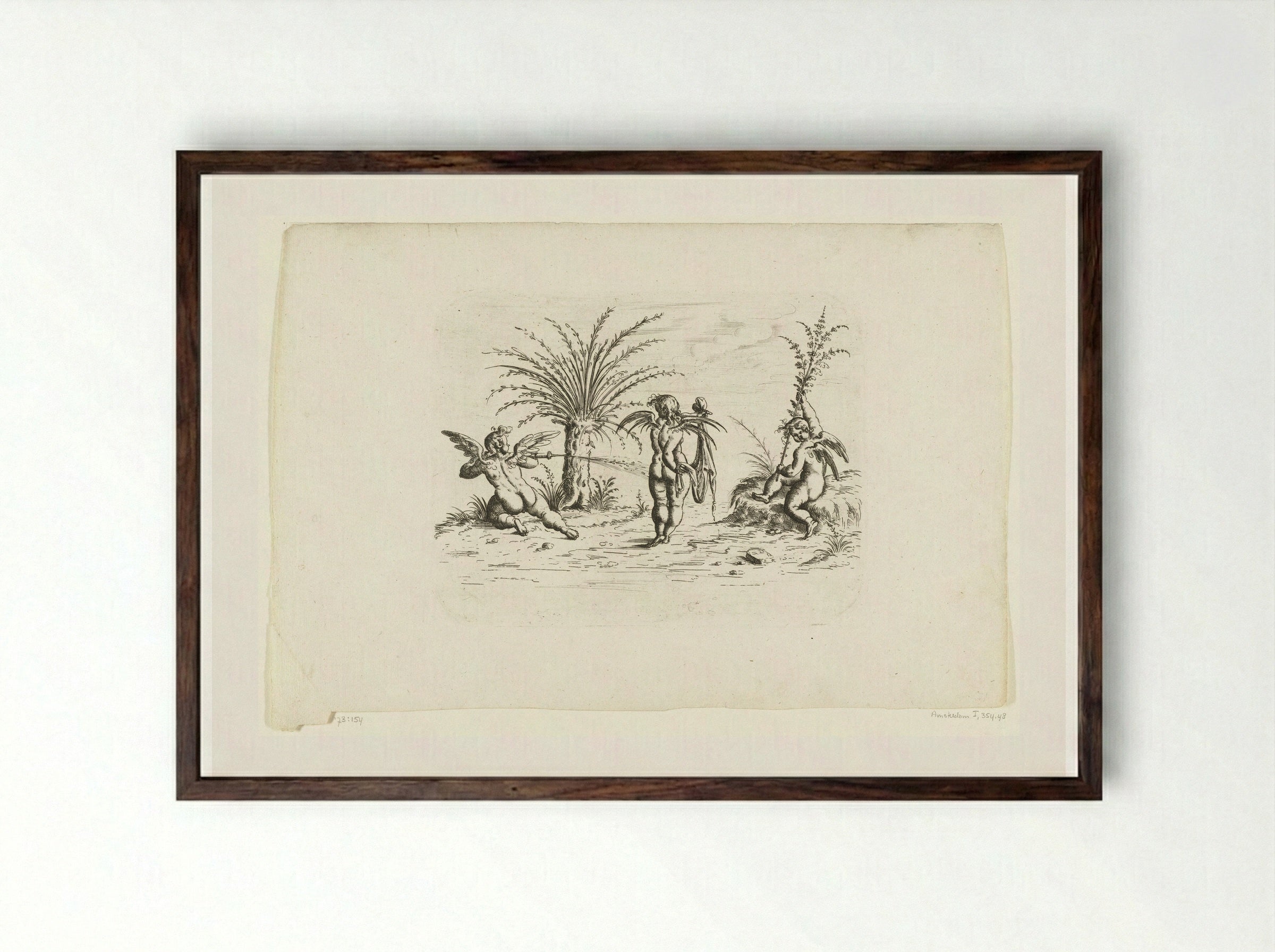 Landschap met drie putti - Christoph Jamnitzer - Framed Print Dark Wood