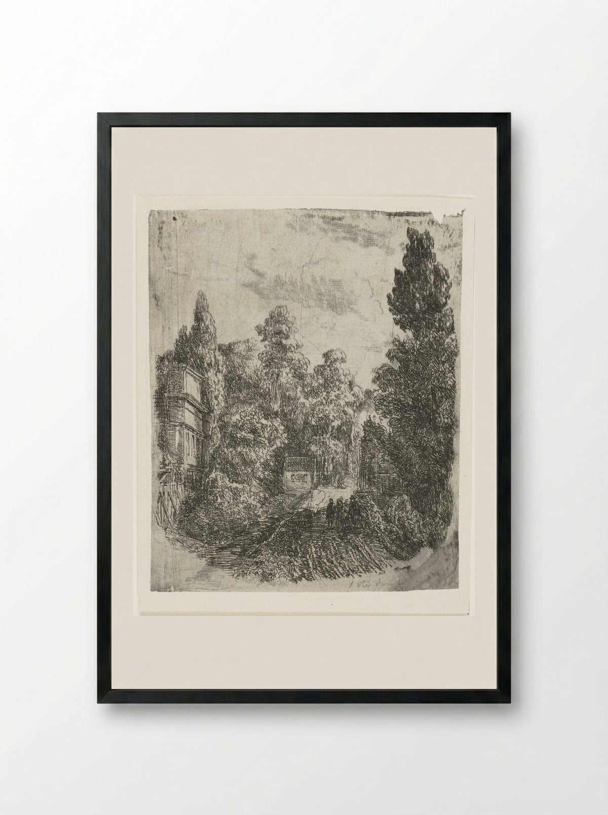 Landschap met drie wandelaars op een weg - Johannes Adrianus van der Drift - Framed Print Black