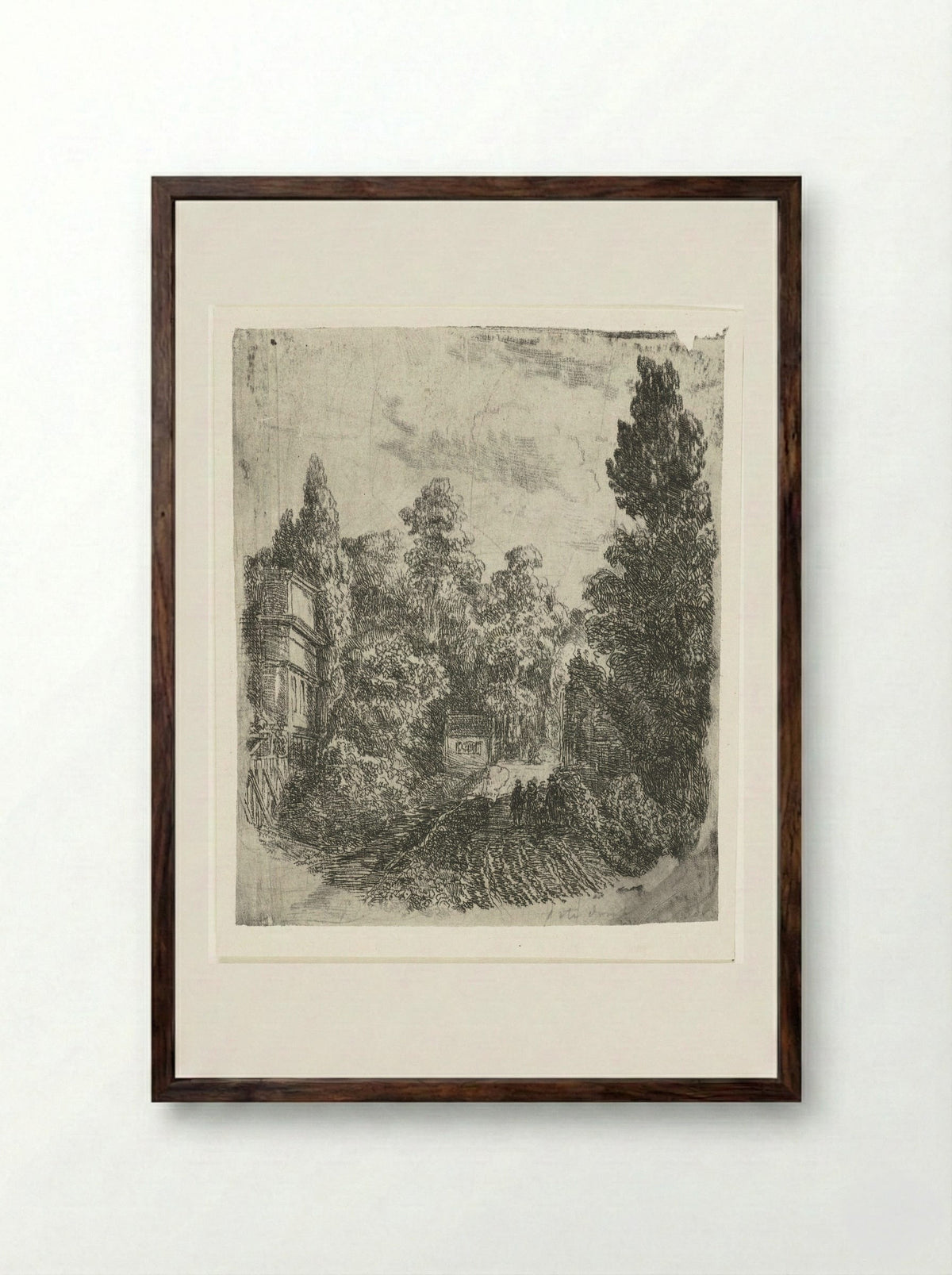 Landschap met drie wandelaars op een weg - Johannes Adrianus van der Drift - Framed Print Dark Wood