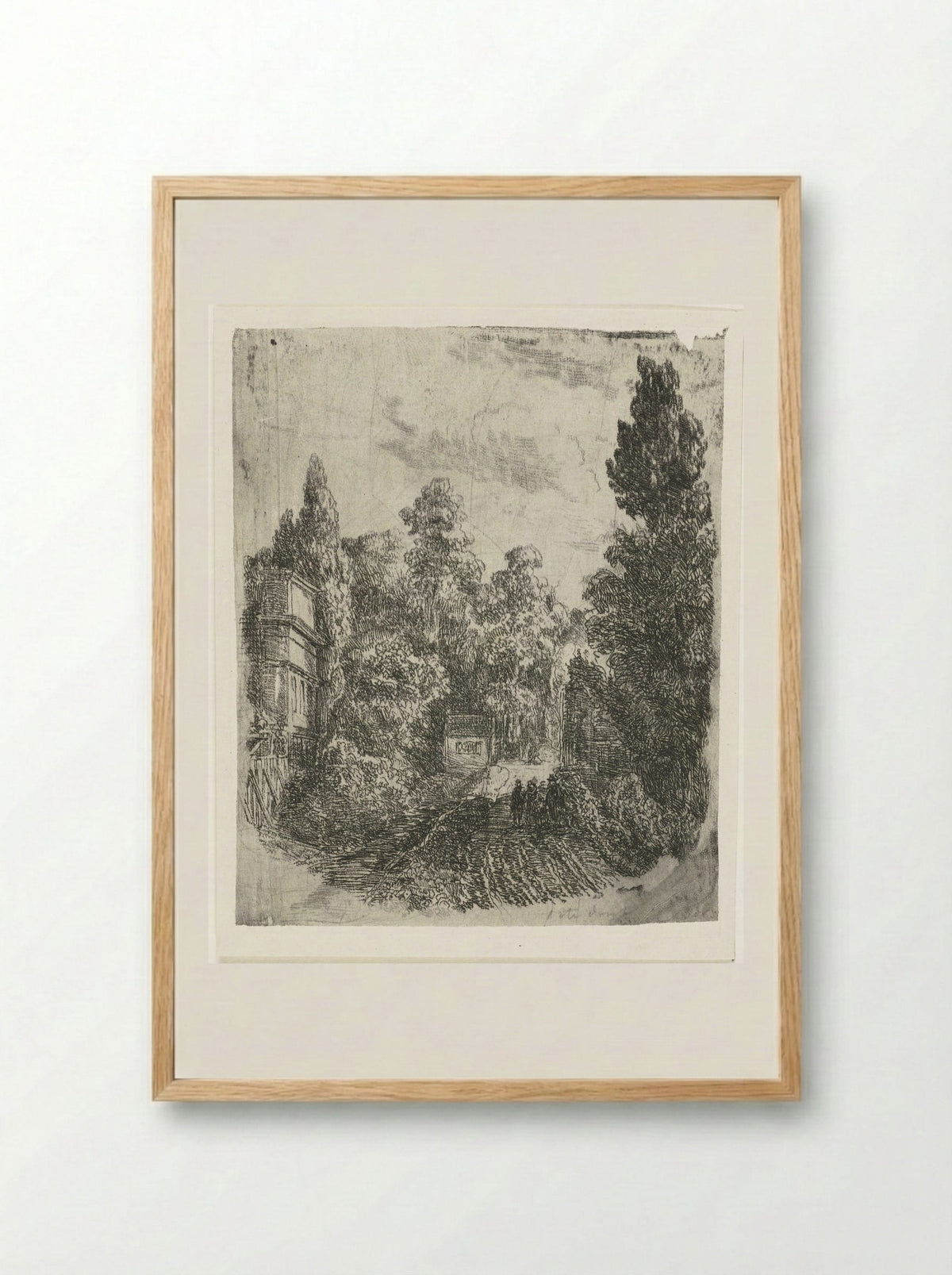 Landschap met drie wandelaars op een weg - Johannes Adrianus van der Drift - Framed Print Wood