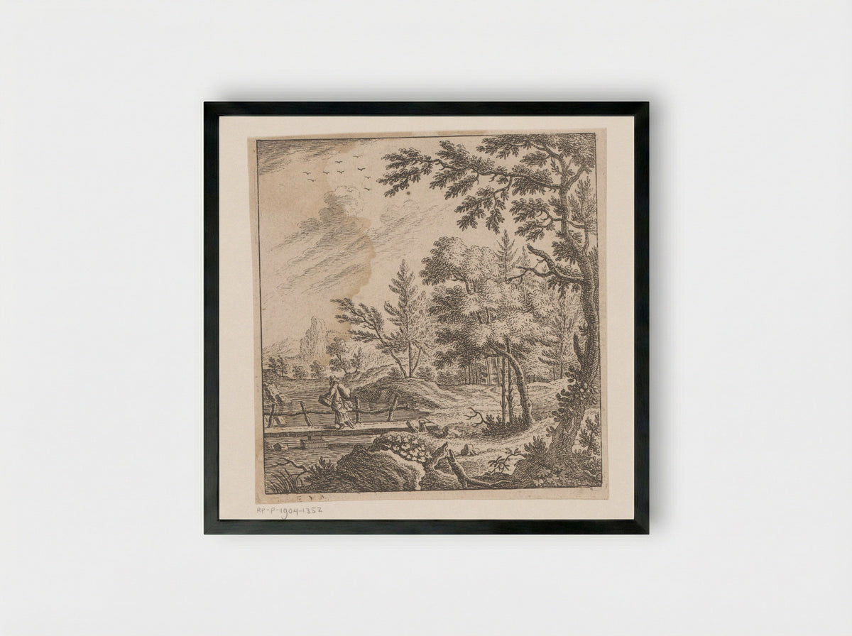 Landschap met een bepakte vrouw lopend over een brug - Johann Caspar Ulinger - Framed Print Black