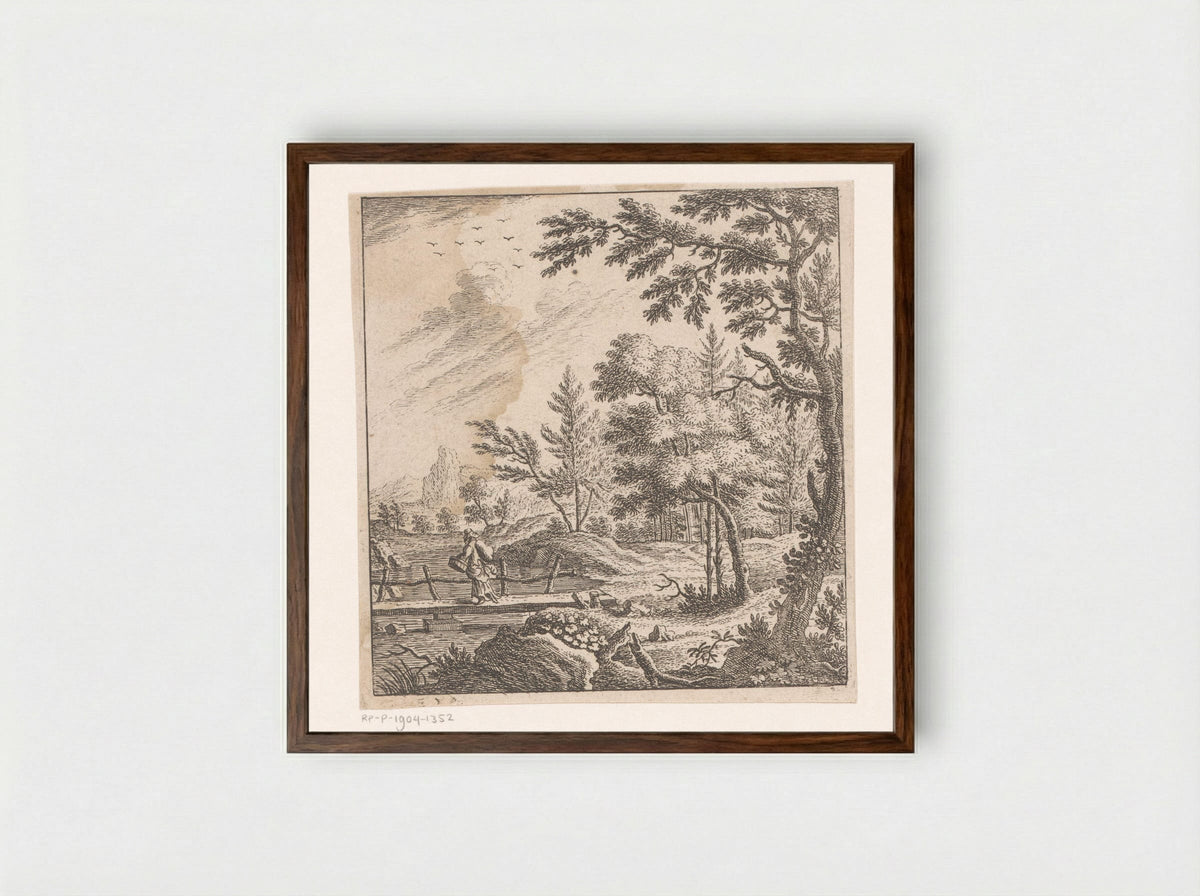 Landschap met een bepakte vrouw lopend over een brug - Johann Caspar Ulinger - Framed Print Dark Wood