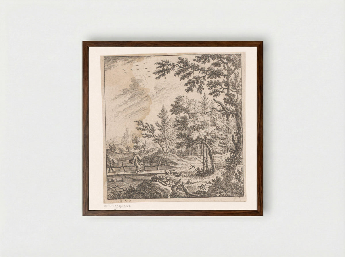 Landschap met een bepakte vrouw lopend over een brug - Johann Caspar Ulinger - Framed Print Dark Wood