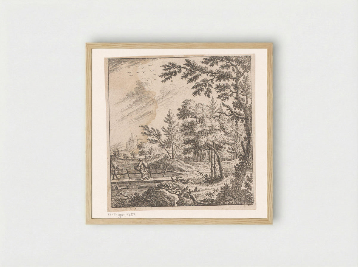 Landschap met een bepakte vrouw lopend over een brug - Johann Caspar Ulinger - Framed Print Wood
