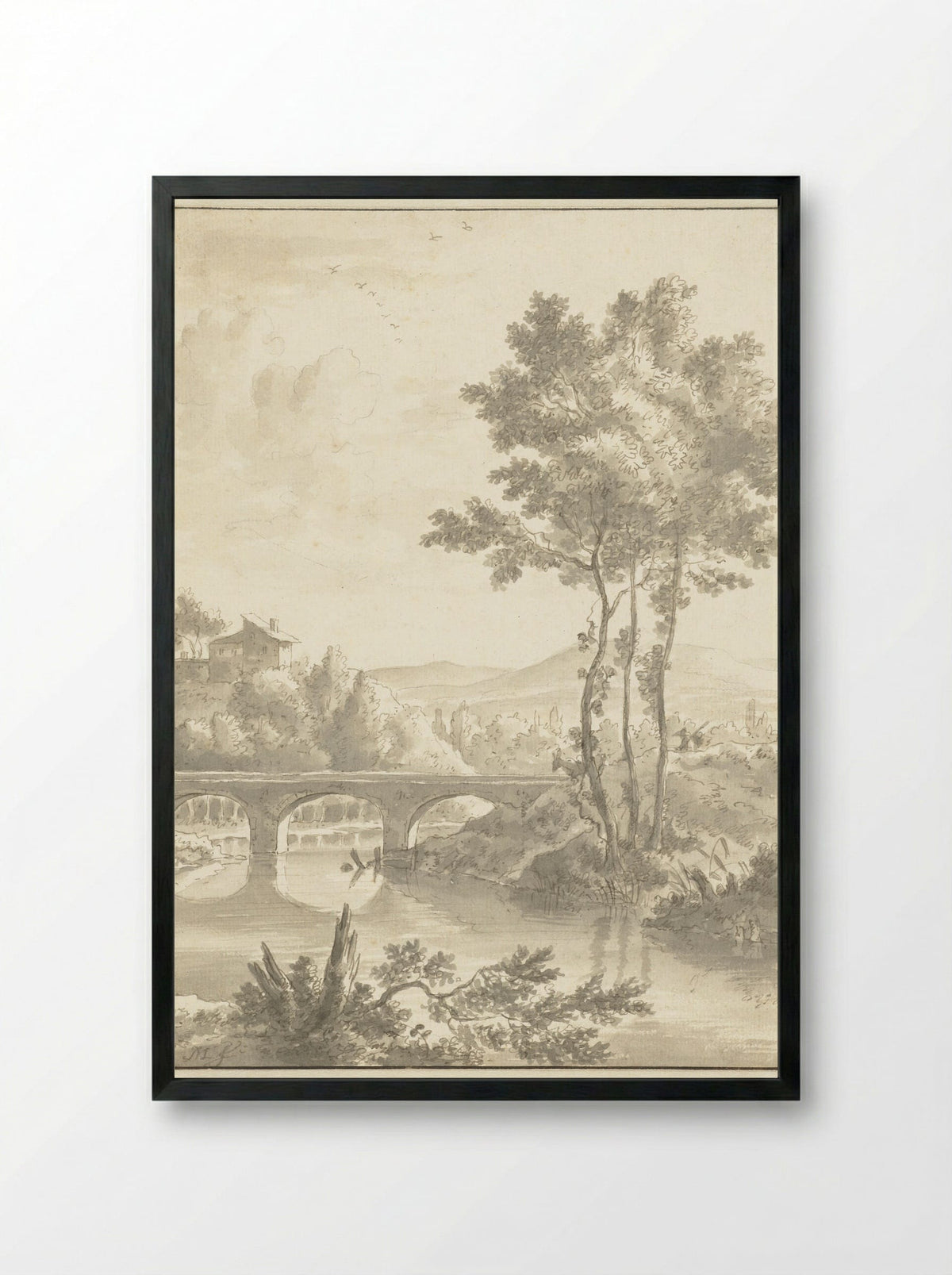 Landschap met een brug met drie bogen - Frederik de Moucheron - Framed Print Black