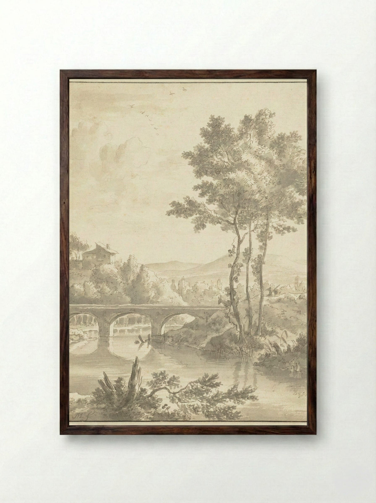 Landschap met een brug met drie bogen - Frederik de Moucheron - Framed Print Dark Wood