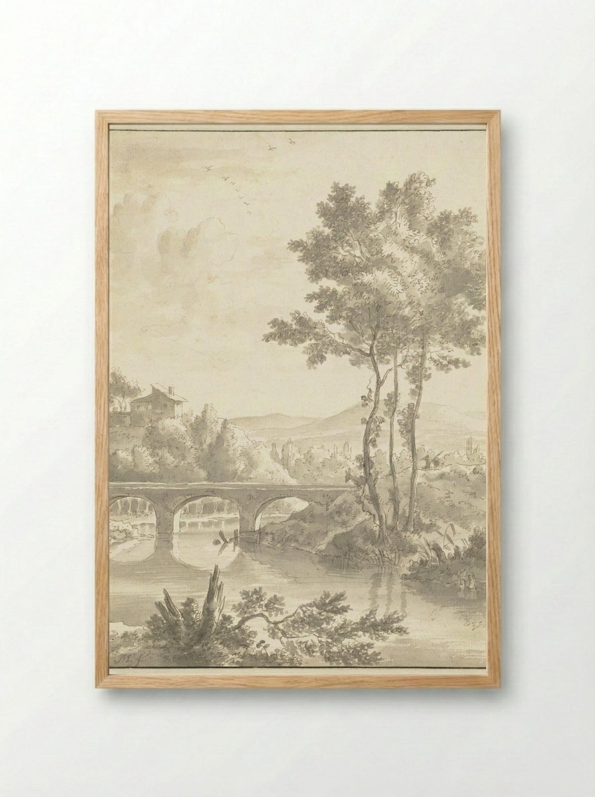 Landschap met een brug met drie bogen - Frederik de Moucheron - Framed Print Wood
