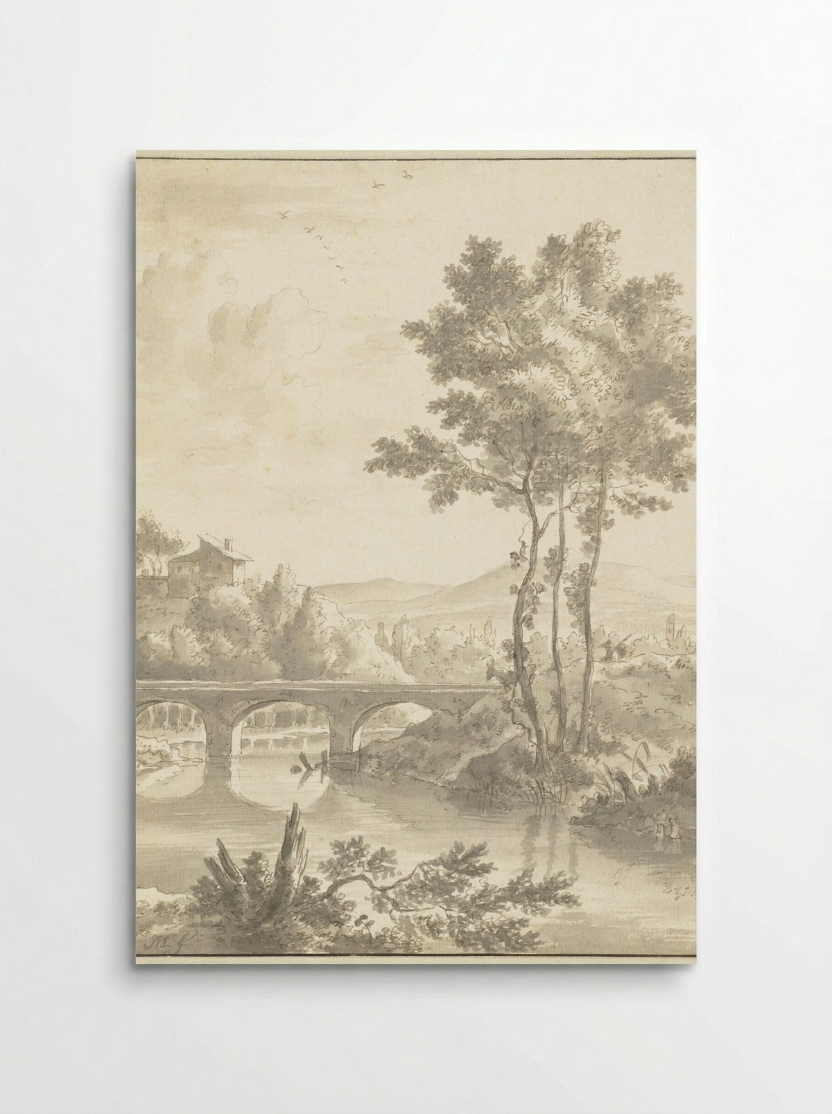 Landschap met een brug met drie bogen - Frederik de Moucheron - Poster