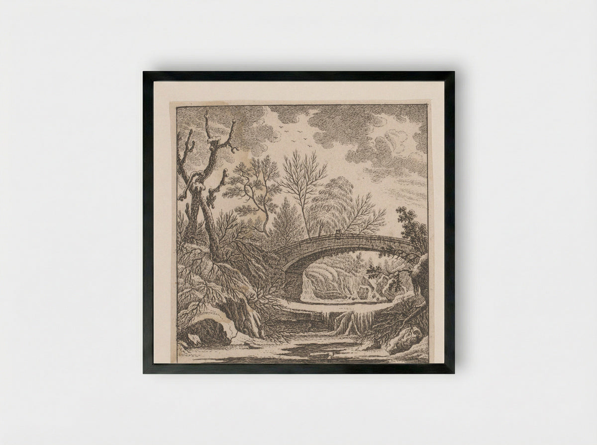 Landschap met een brug over een bevroren beek - Johann Caspar Ulinger - Framed Print Black