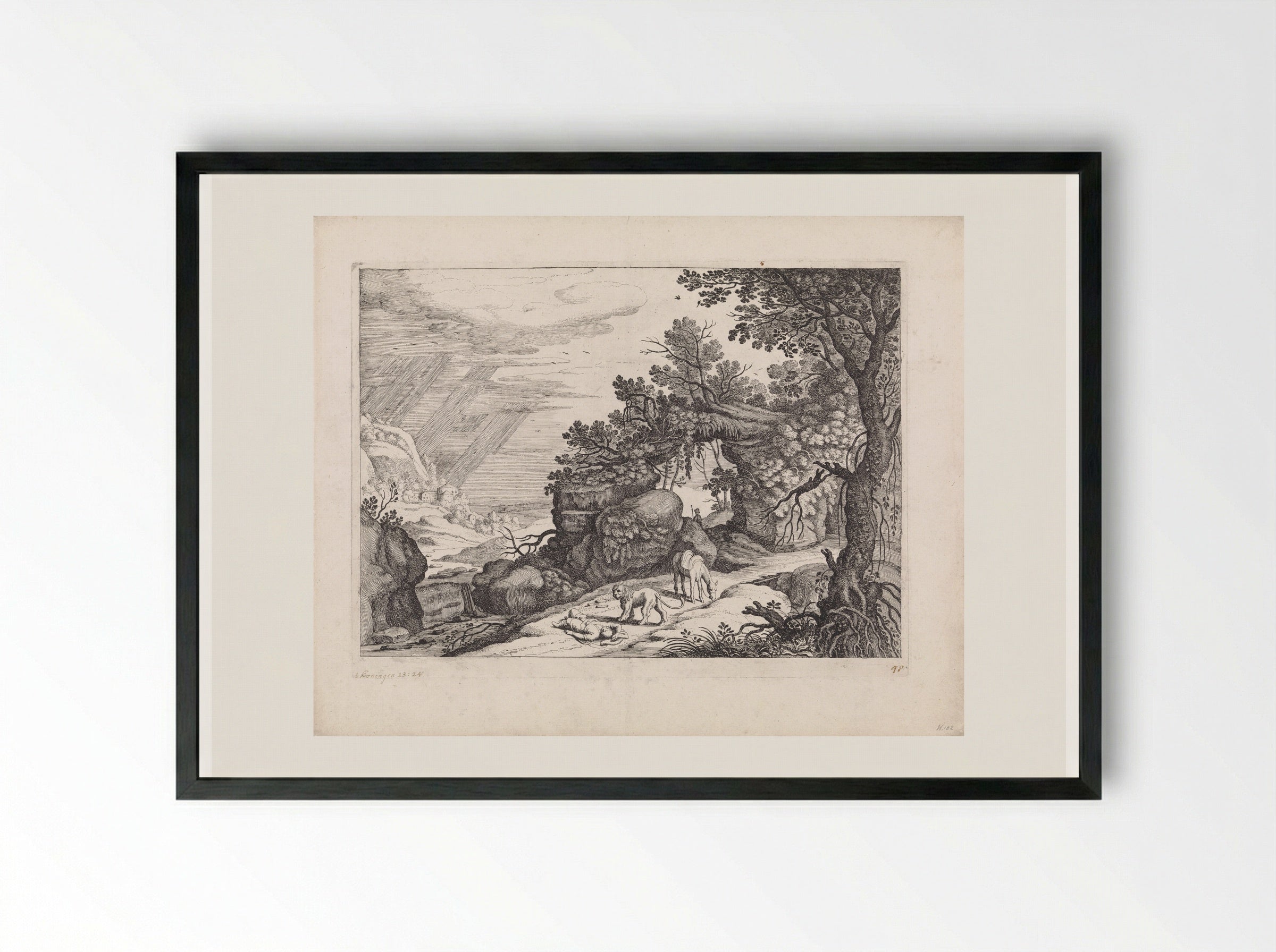 Landschap met een dode godsman, leeuw en ezel - Guilliam van Nieulandt (II) - Framed Print Black