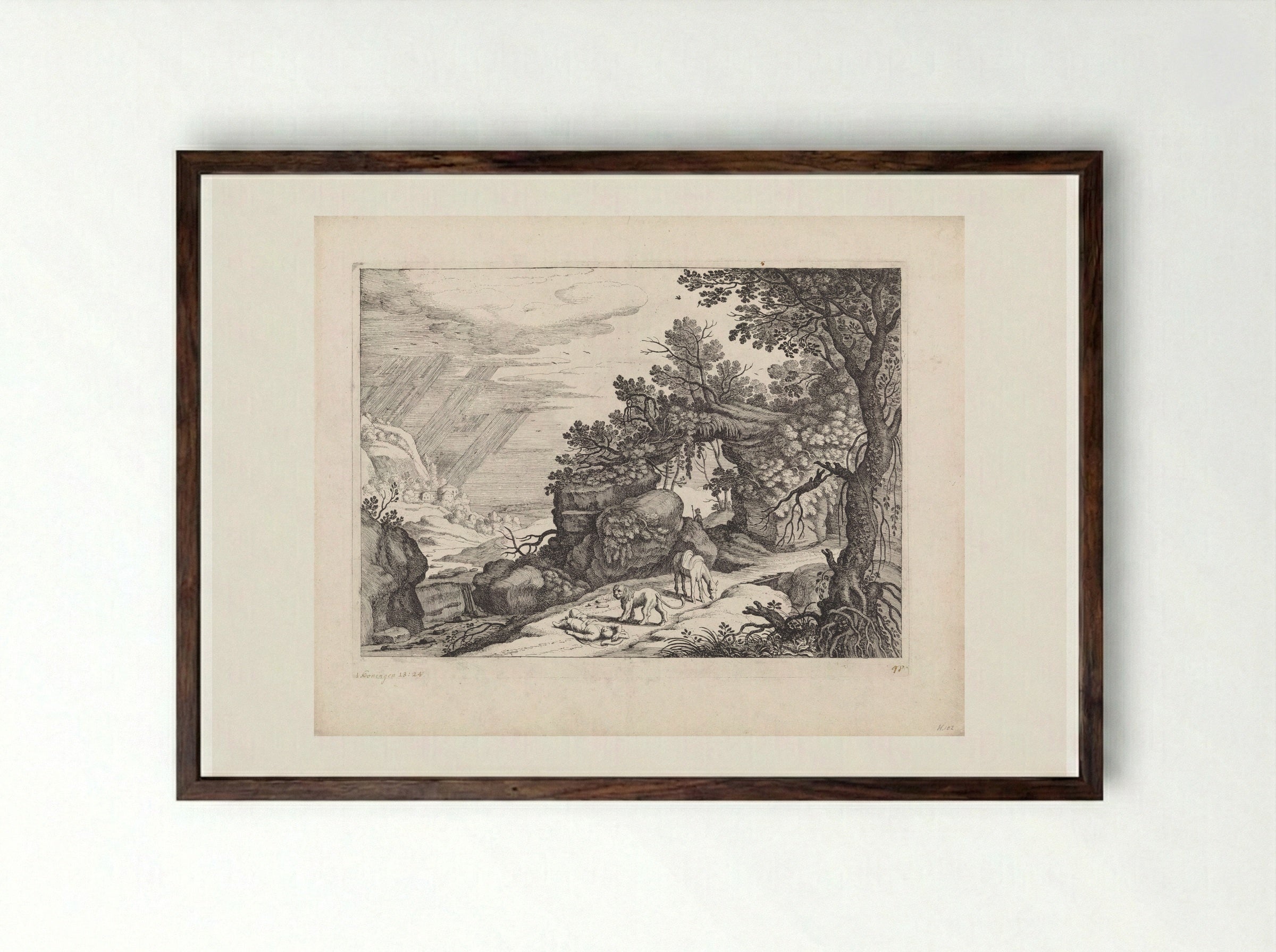 Landschap met een dode godsman, leeuw en ezel - Guilliam van Nieulandt (II) - Framed Print Dark Wood