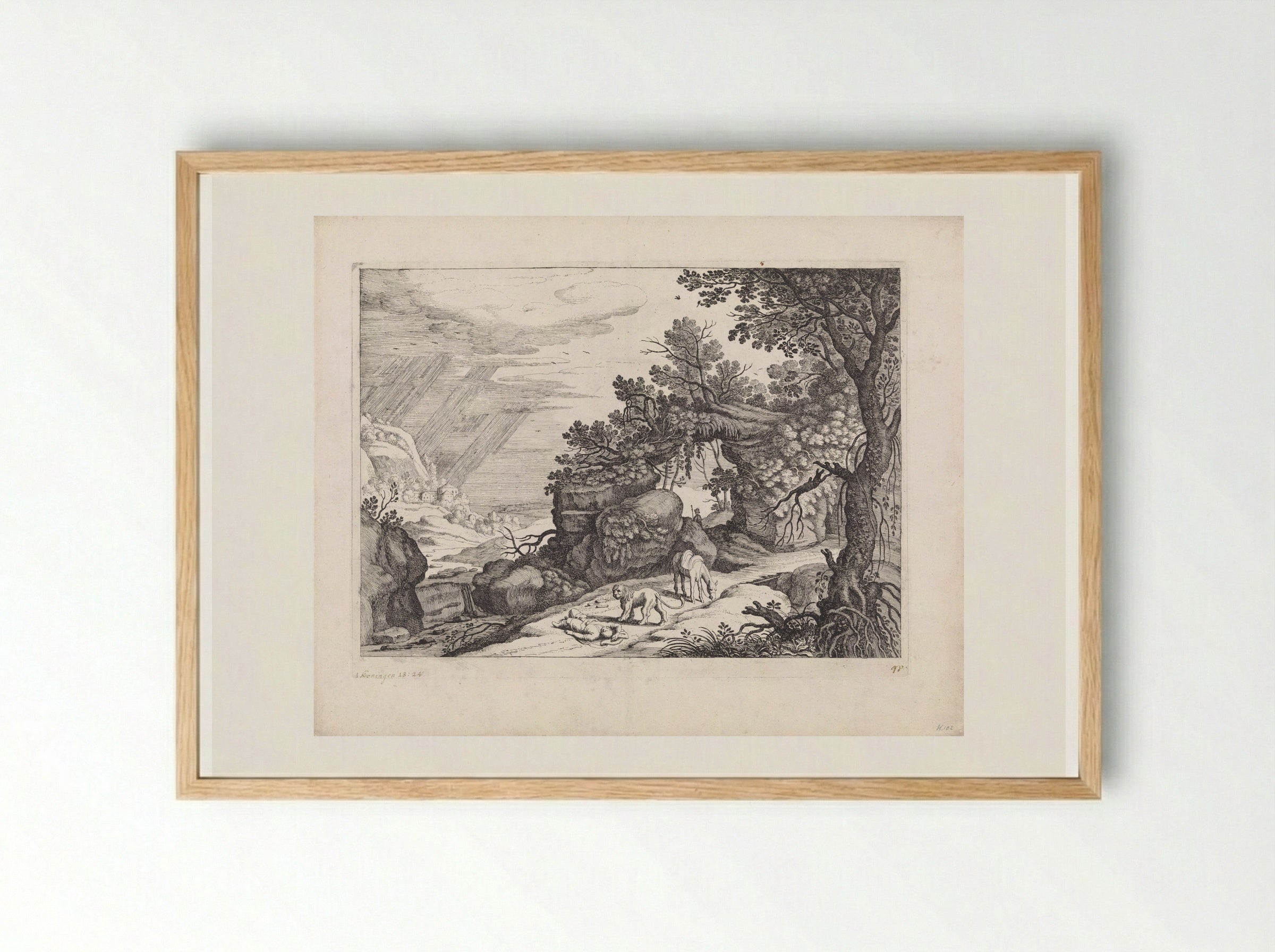Landschap met een dode godsman, leeuw en ezel - Guilliam van Nieulandt (II) - Framed Print Wood