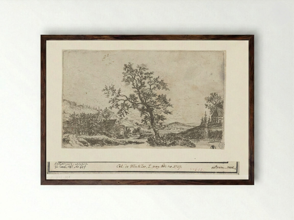 Landschap met een dorp bij een rivier - Jan Ruyscher - Framed Print Dark Wood
