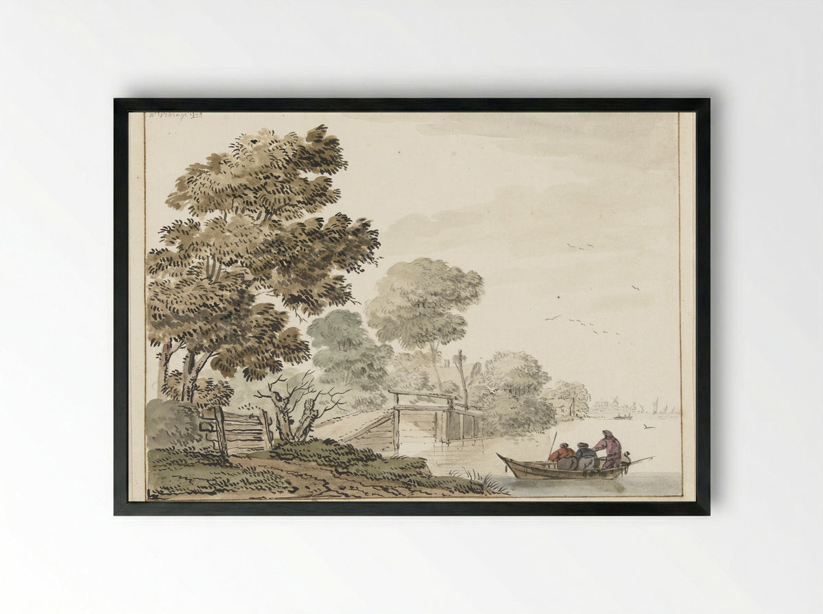 Landschap met een houten brug en bomen langs een vaart - Wigerus Vitringa - Framed Print Black