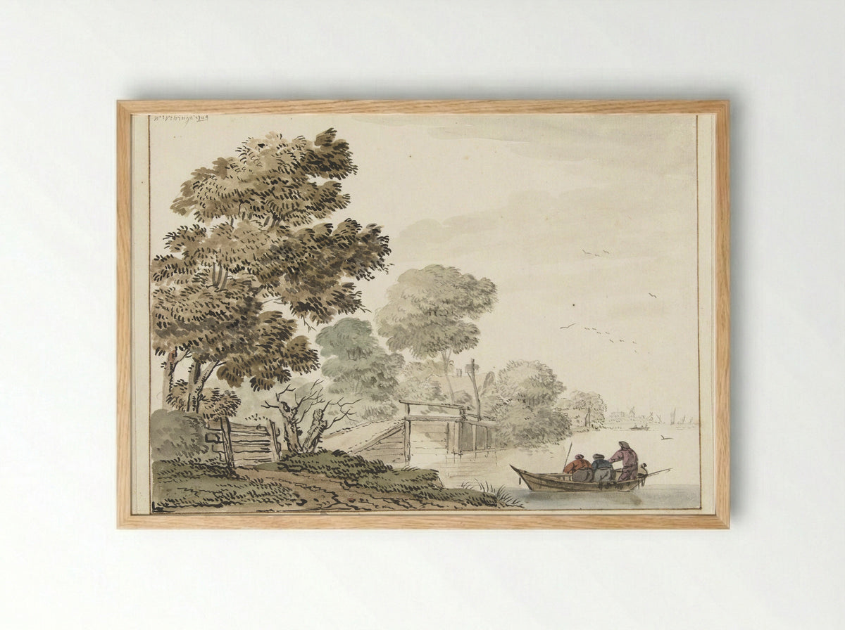 Landschap met een houten brug en bomen langs een vaart - Wigerus Vitringa - Framed Print Wood