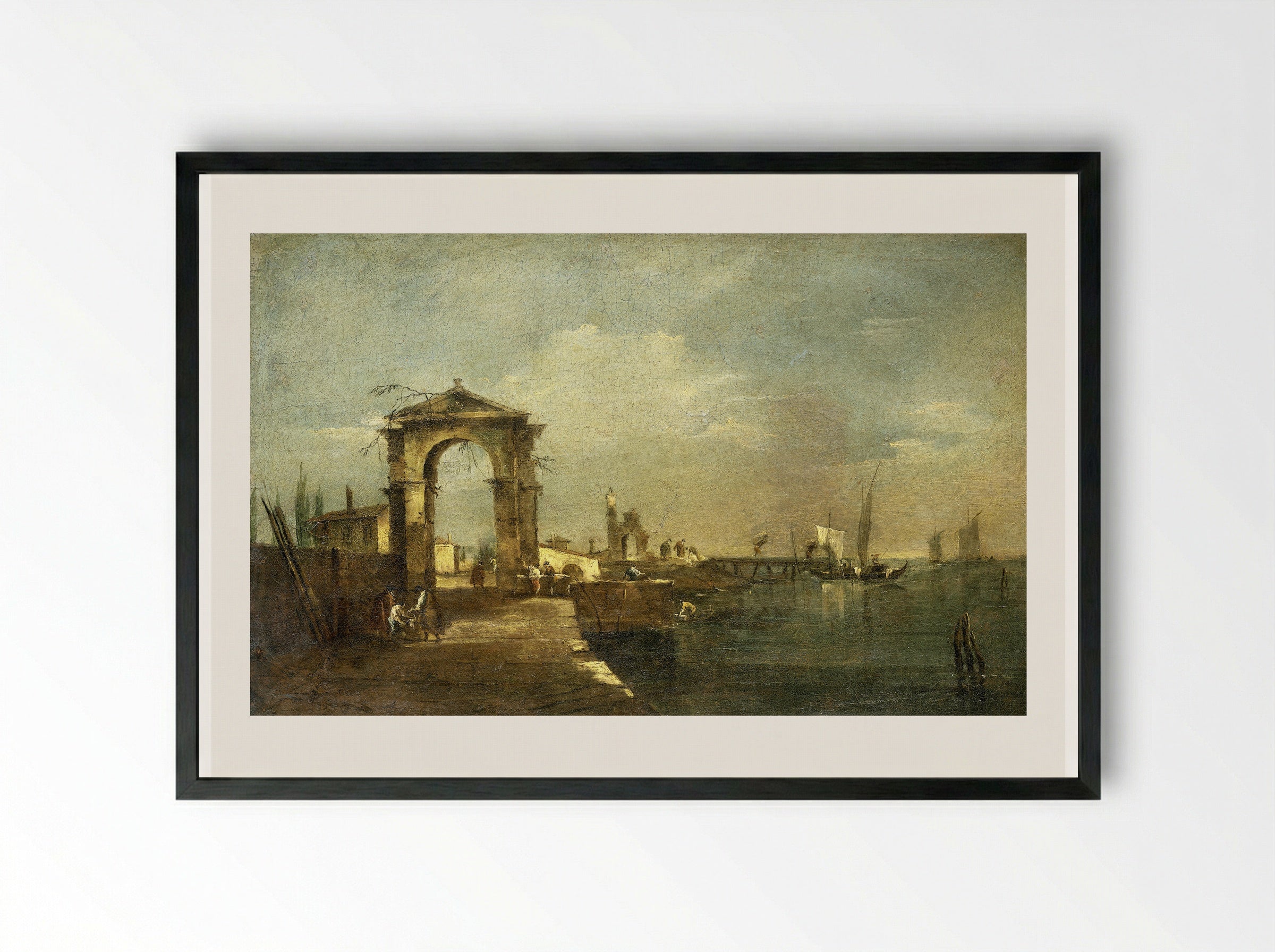 Landschap met een kade en schepen op een meer - Francesco Guardi - Framed Print Black