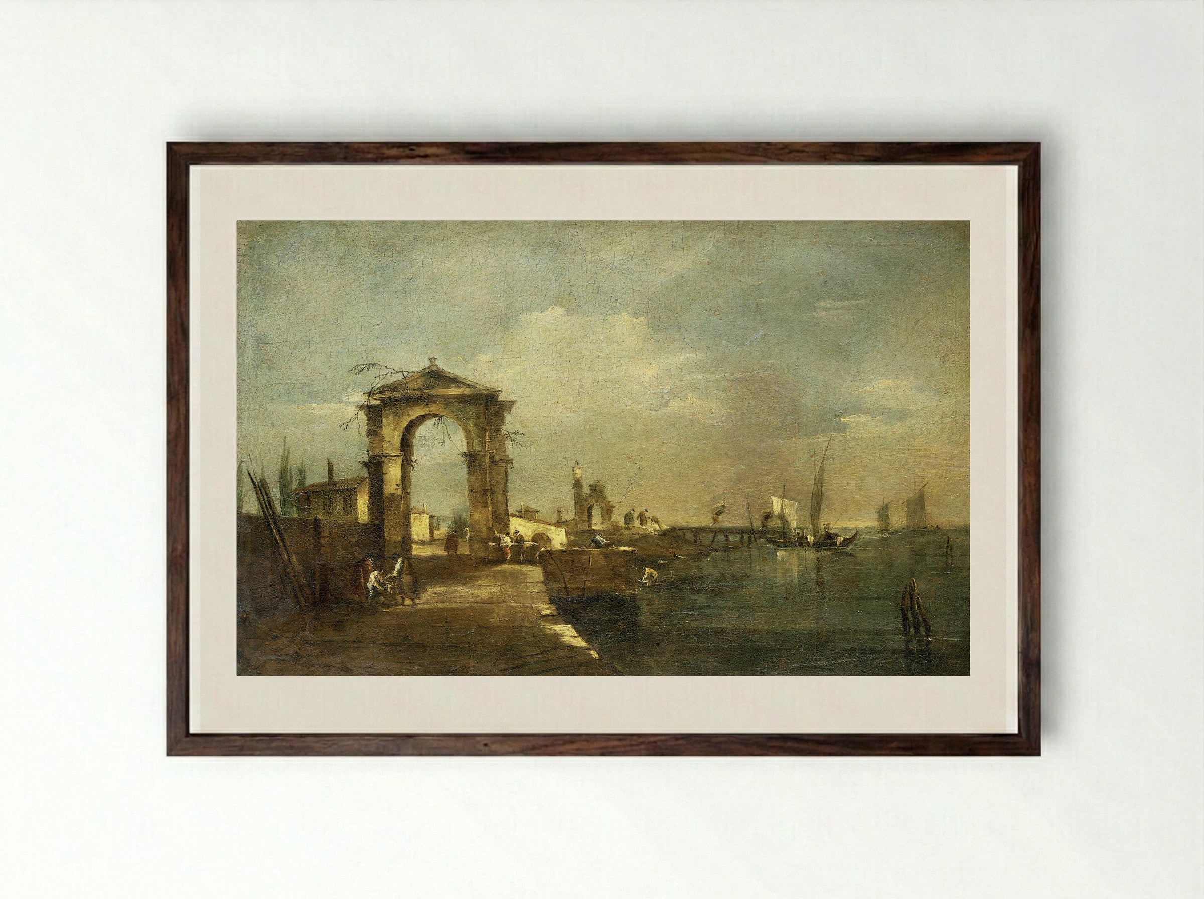 Landschap met een kade en schepen op een meer - Francesco Guardi - Framed Print Dark Wood