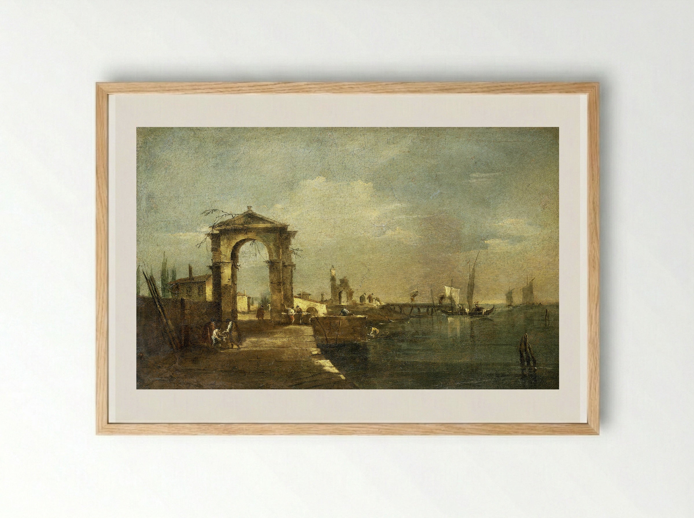 Landschap met een kade en schepen op een meer - Francesco Guardi - Framed Print Wood