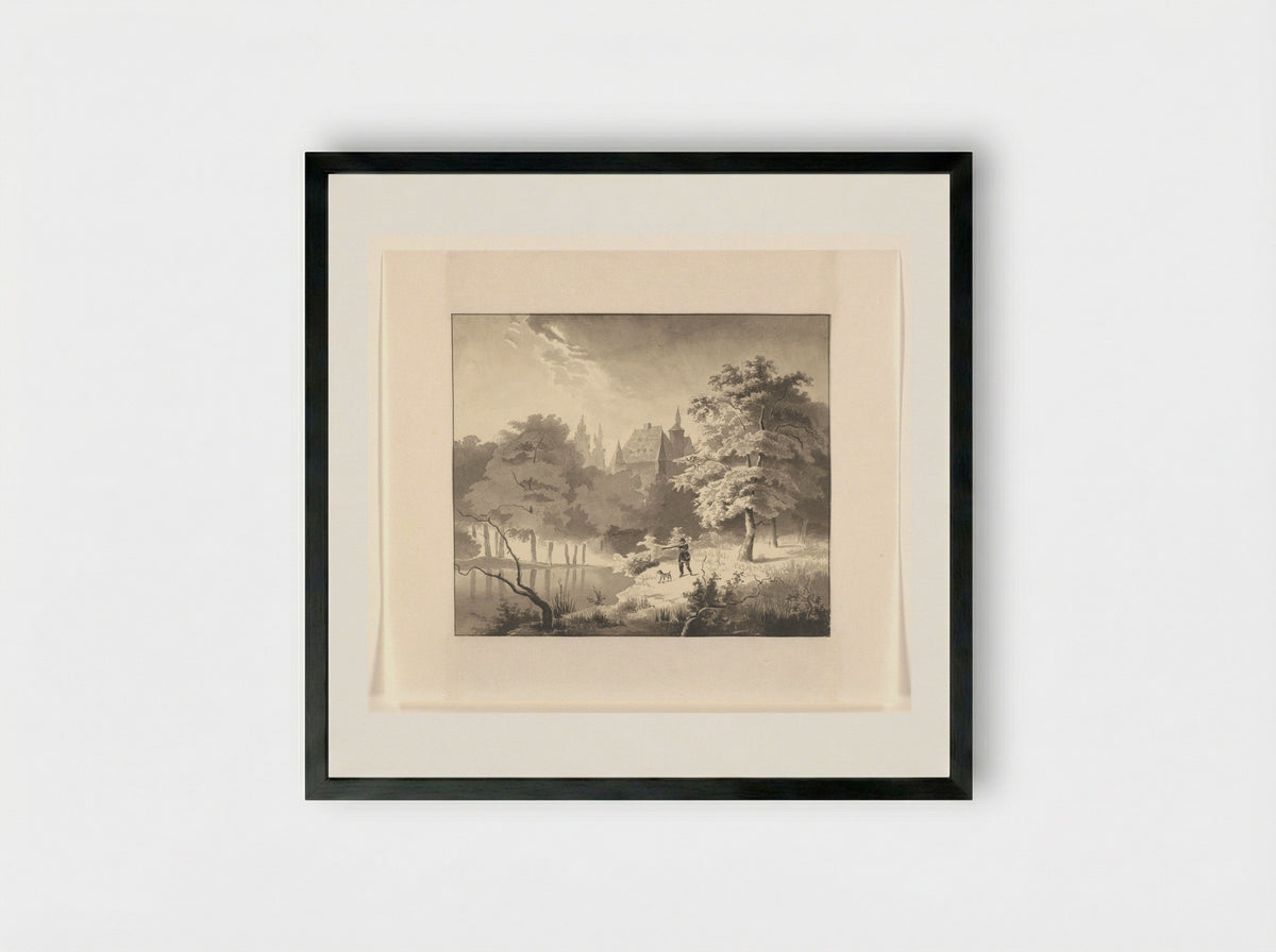 Landschap met een kasteel en jager met hond - Johannes van Reijn - Framed Print Black