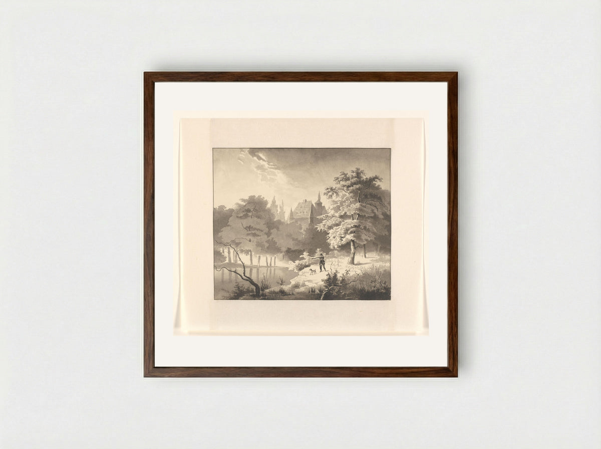 Landschap met een kasteel en jager met hond - Johannes van Reijn - Framed Print Dark Wood