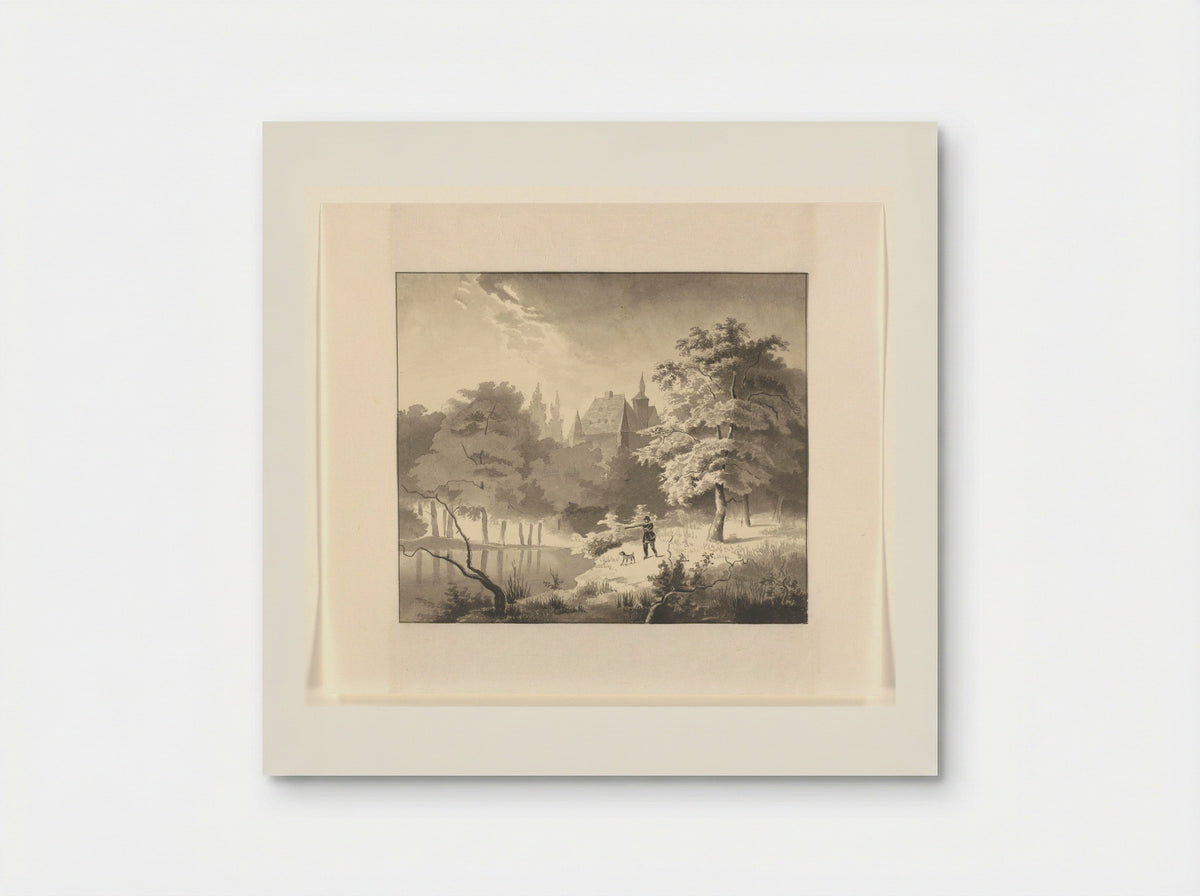 Landschap met een kasteel en jager met hond - Johannes van Reijn - Poster