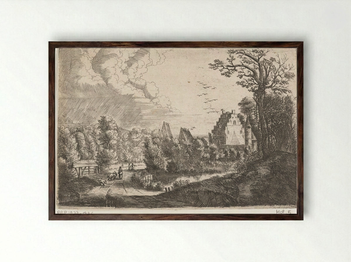 Landschap met een kasteel - Jean Baptiste Bonnecroy - Framed Print Dark Wood