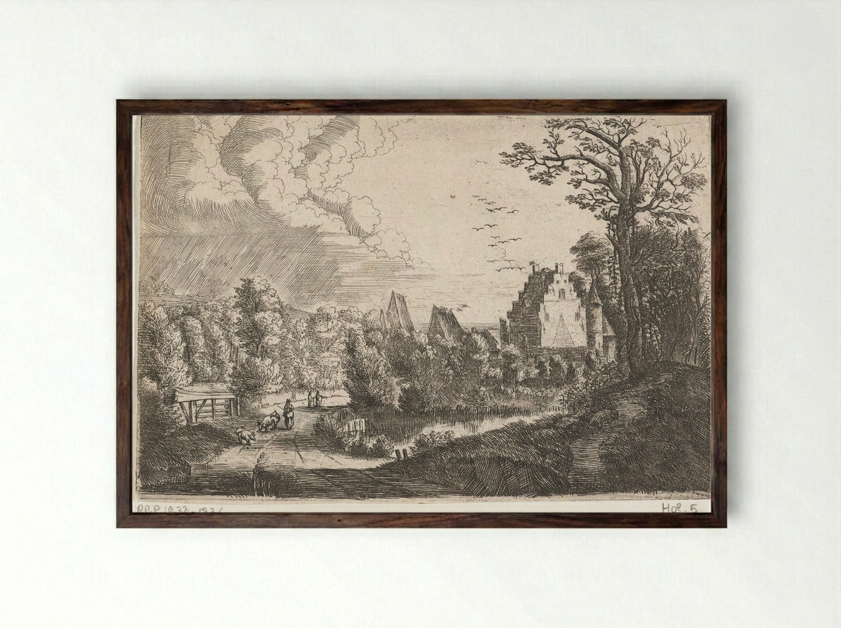 Landschap met een kasteel - Jean Baptiste Bonnecroy - Framed Print Dark Wood