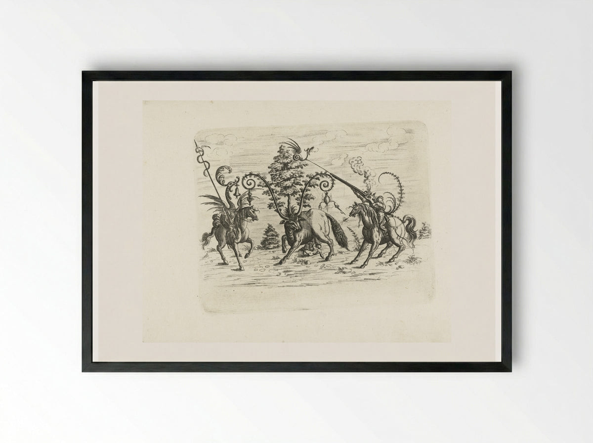 Landschap met een koe tussen twee fantastische wezens te paard - Christoph Jamnitzer - Framed Print Black
